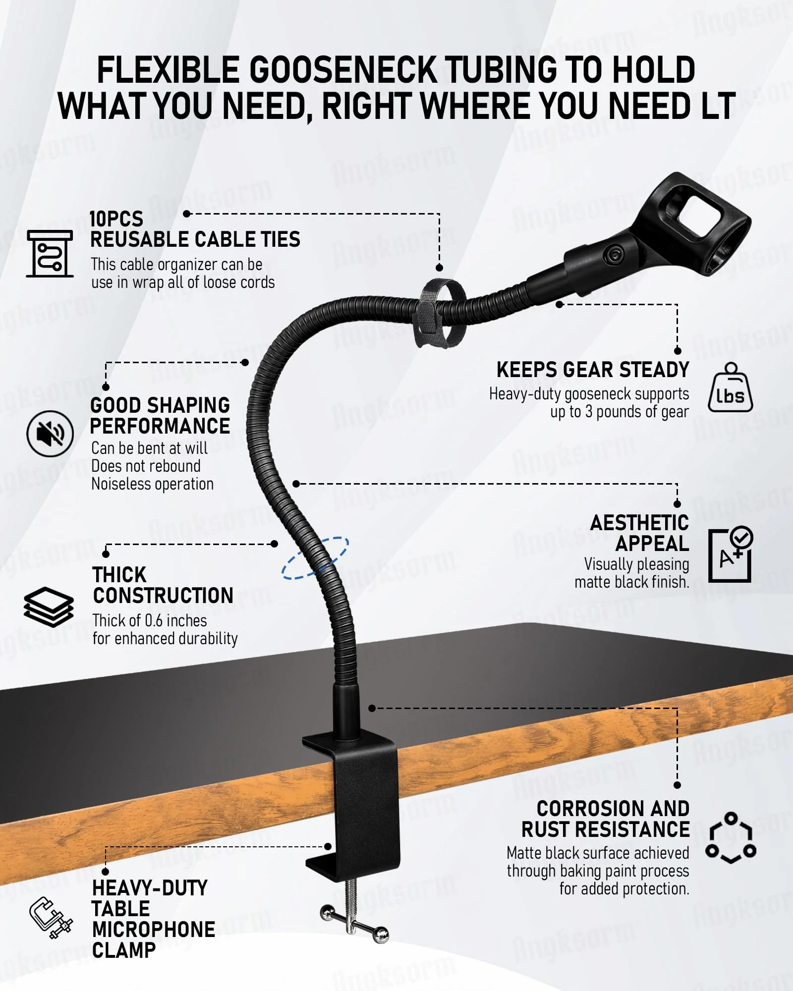 13-INCH Flexible Gooseneck Microphone Stand with Heavy Duty Desk Clamp for Podcast, Meetings, Lectures, Radio Broadcasting Studio, Live Broadcast Equipment, TV Stations 13-INCH - Image 3