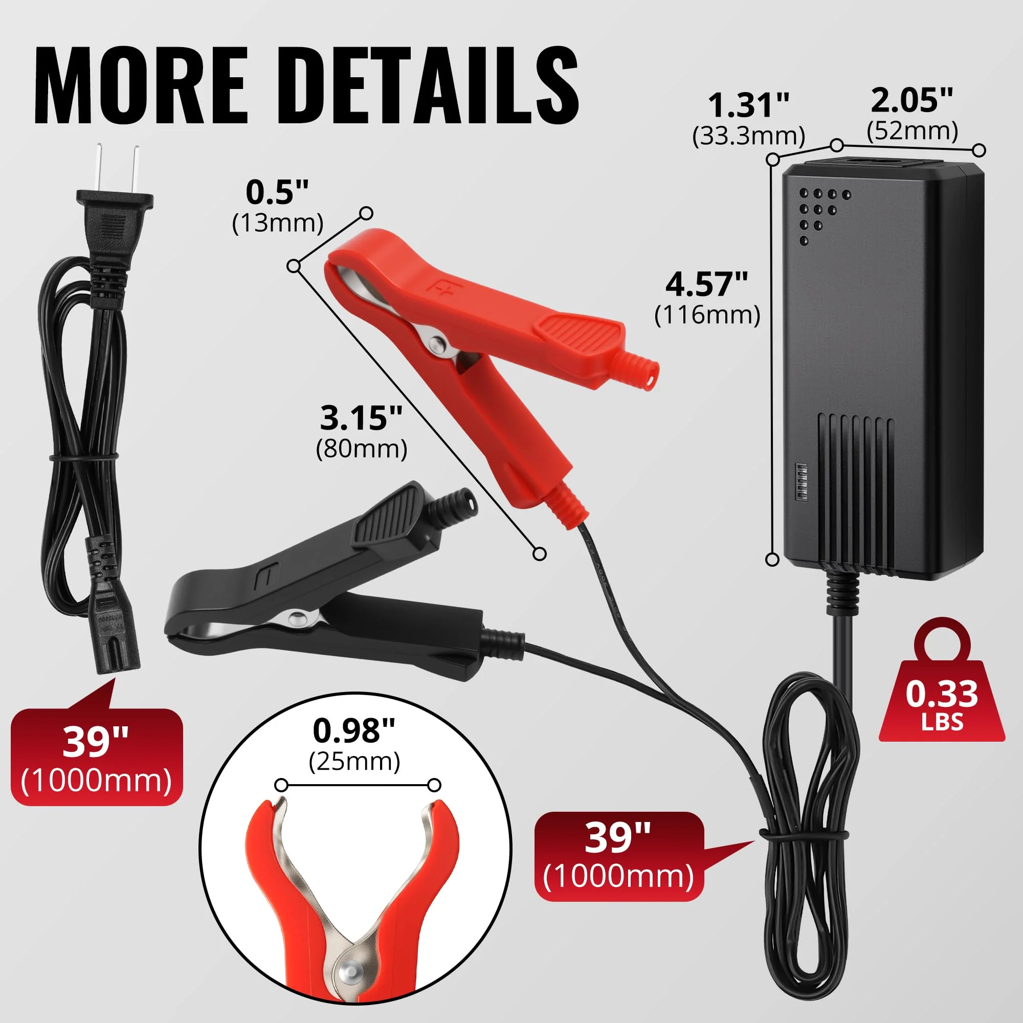 14.6V, 3A Battery Charger for 12V LiFePO4 Motocycle Battery, with Dual Alligator Clips Connector HC-Charger-3A - Image 3