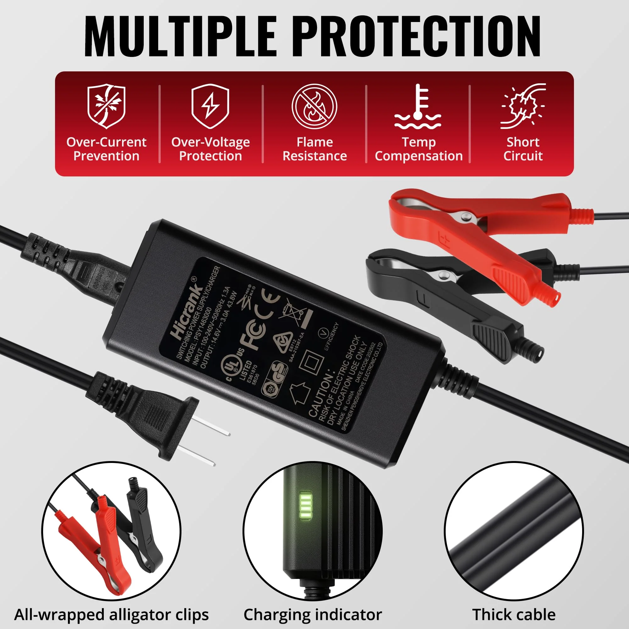 14.6V, 3A Battery Charger for 12V LiFePO4 Motocycle Battery, with Dual Alligator Clips Connector HC-Charger-3A - Image 4