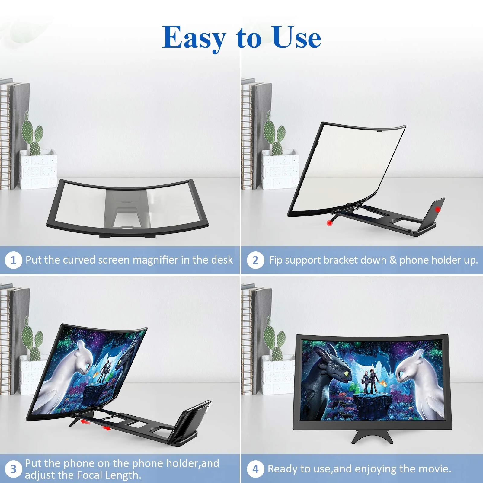 14" Curved Screen Magnifier for Cell Phone -3D HD Magnifing Projector Screen Enlarger for Movies, Videos, and Gaming – Foldable Phone Stand Holder with Screen Amplifier–Compatible with All Smartphones - Image 4