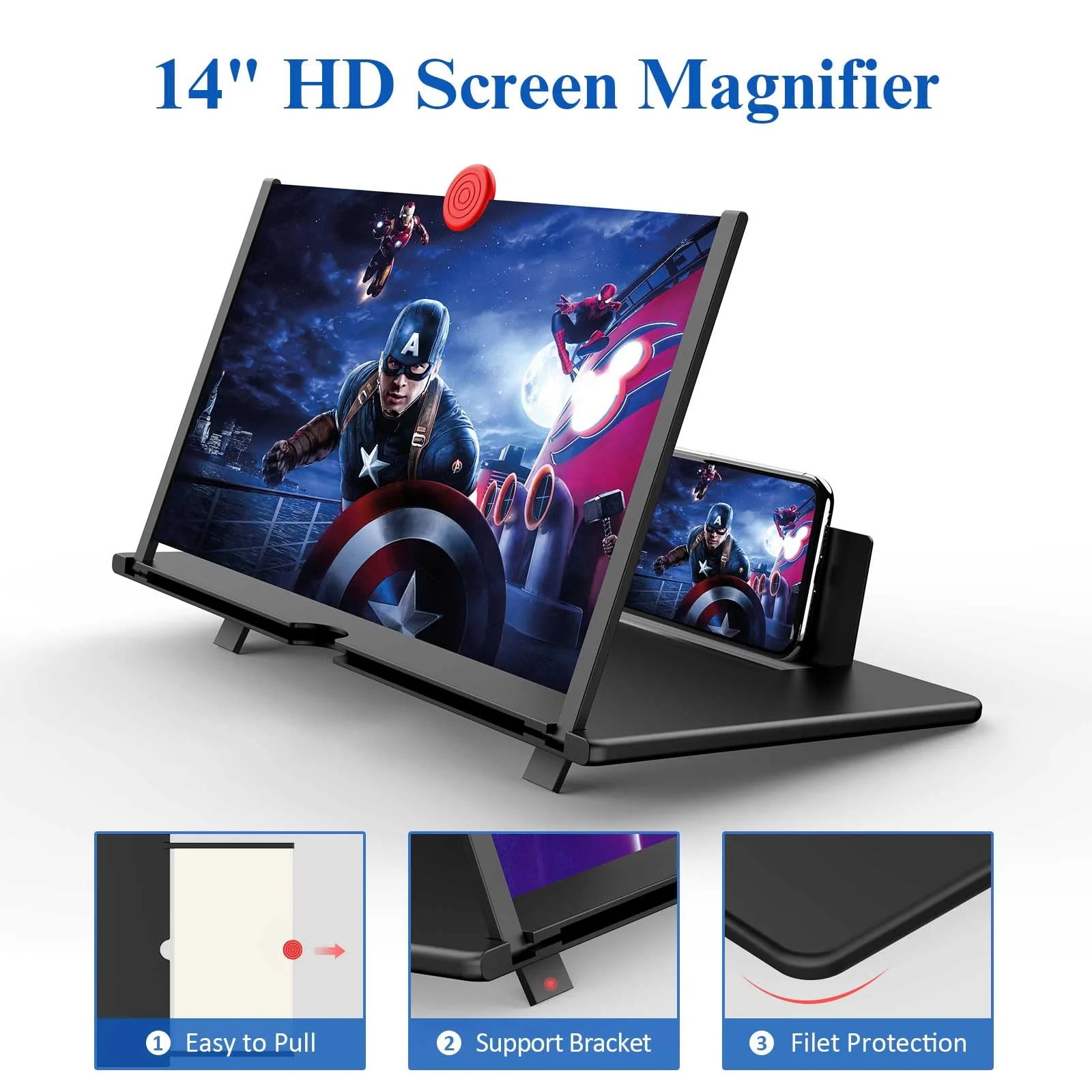 14" Screen Magnifier –3D HD Mobile Phone Magnifier Projector Screen Enlarger for Movies, Videos, and Gaming–Foldable Cell Phone Stand with Screen Amplifier–Supports All Smartphones (Black, 14inch) Black - Image 2