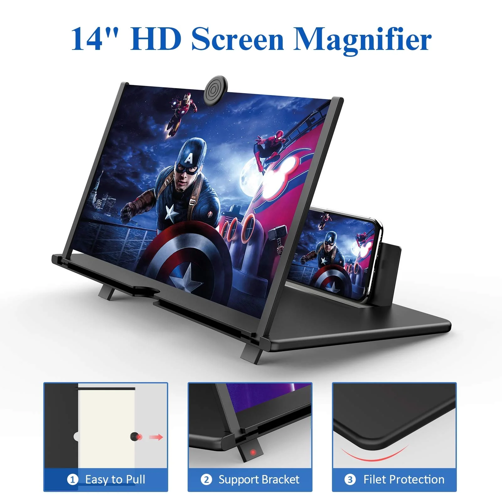 14" Screen Magnifier for Cell Phone -3D HD Magnifing Projector Screen Enlarger for Movies, Videos and Gaming – Foldable Phone Stand Holder with Screen Amplifier–Compatible with All Smartphones (Black) Black - Image 3