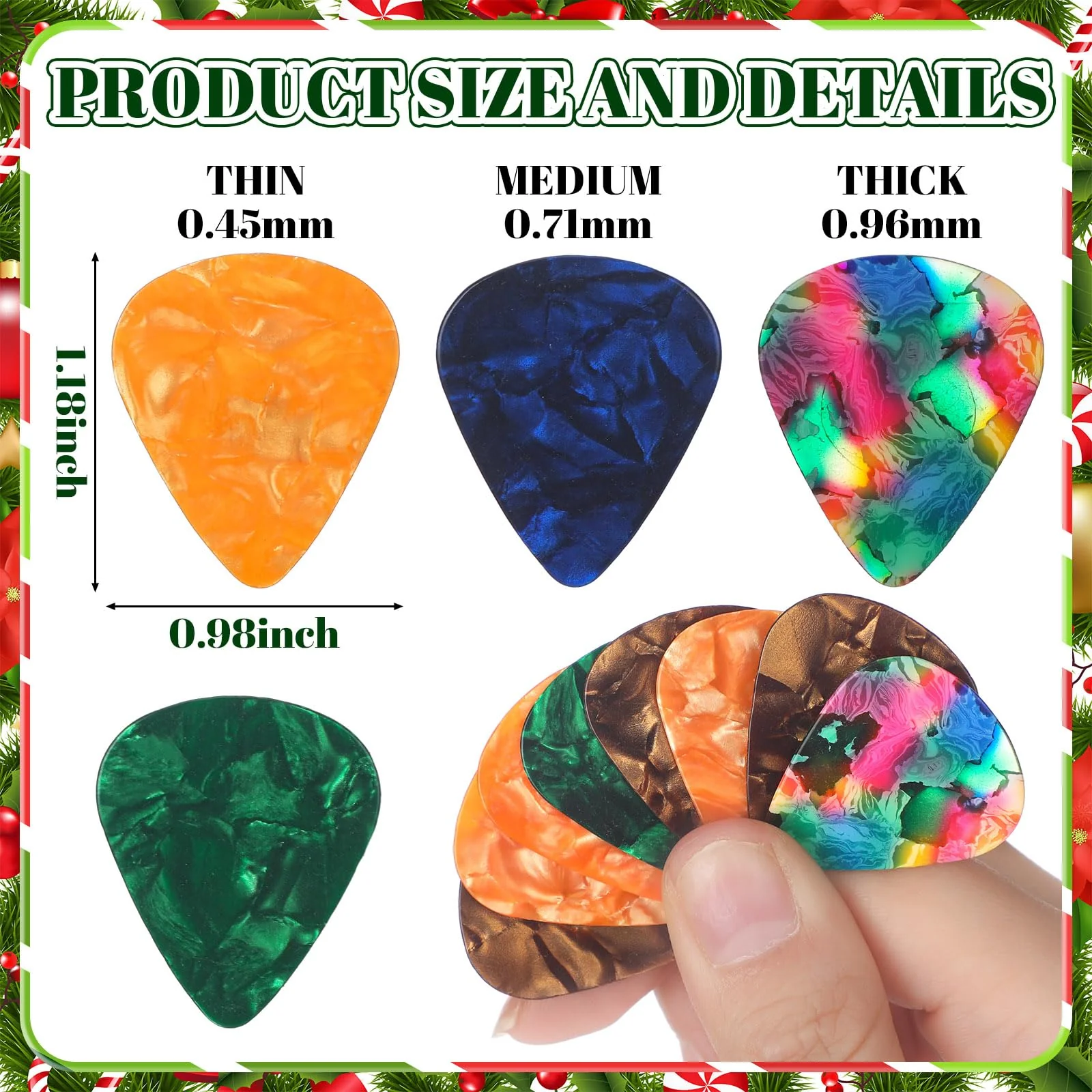 144pc Christmas Guitar Tin Pick Gift for Acoustic Guitar Celluloid Plectrums for Electric, Acoustic, Bass & Ukulele Includes 0.46mm, 0.71mm, 0.96mm(Color Random) - Image 3