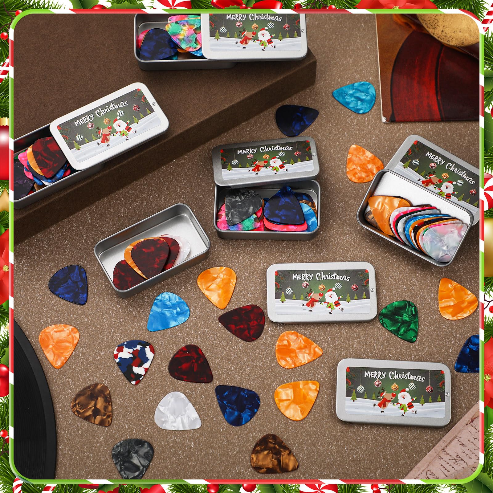 144pc Christmas Guitar Tin Pick Gift for Acoustic Guitar Celluloid Plectrums for Electric, Acoustic, Bass & Ukulele Includes 0.46mm, 0.71mm, 0.96mm(Color Random) - Image 4