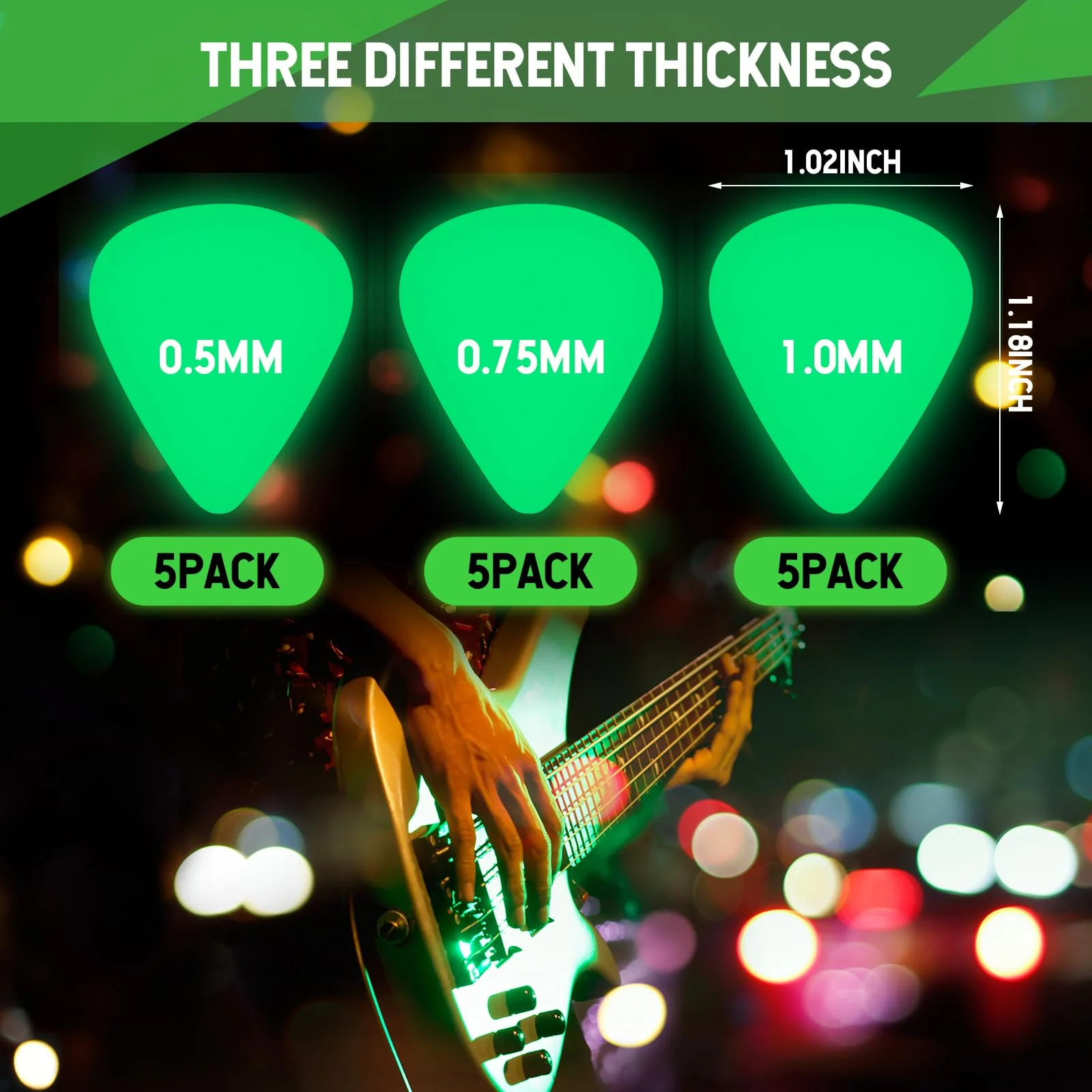 15 Pcs Glow in the Dark Guitar Picks Plectrums Celluloid Guitar Picks 3 Sizes 0.5 0.75 1.0 mm, Thin Medium Heavy Thickness, Light up Guitar Picks for Bass Electric Acoustic Guitars Ukulele - Image 2