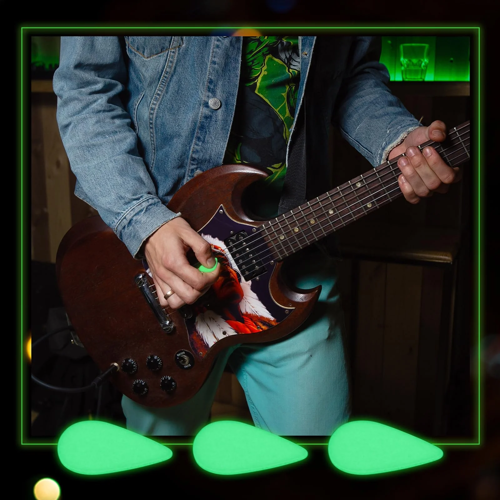 15 Pcs Glow in the Dark Guitar Picks Plectrums Celluloid Guitar Picks 3 Sizes 0.5 0.75 1.0 mm, Thin Medium Heavy Thickness, Light up Guitar Picks for Bass Electric Acoustic Guitars Ukulele - Image 4