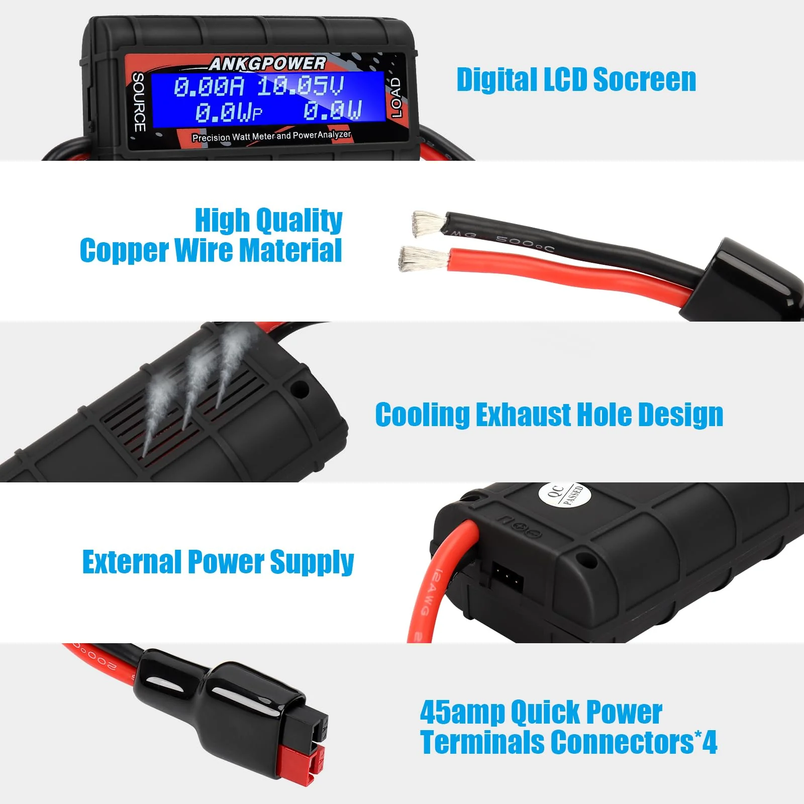 150A Watt Meter Power Analyzer, High Precision RC with Digital LCD Screen&2 Sets of 45amp Power Pole Connectors for Voltage (V) Current (A) Power (W) Charge(Ah) and Energy (Wh) Measurement BLACK - Image 5