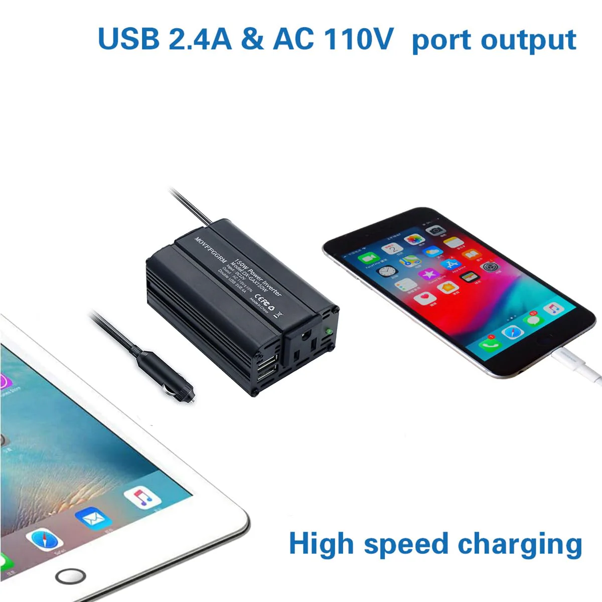 150W Power Inverter 12V DC to 110V AC Car Plug Adapter Outlet Converter with 2.4A Dual USB AC car Charger for Laptop Computer Black - Image 2
