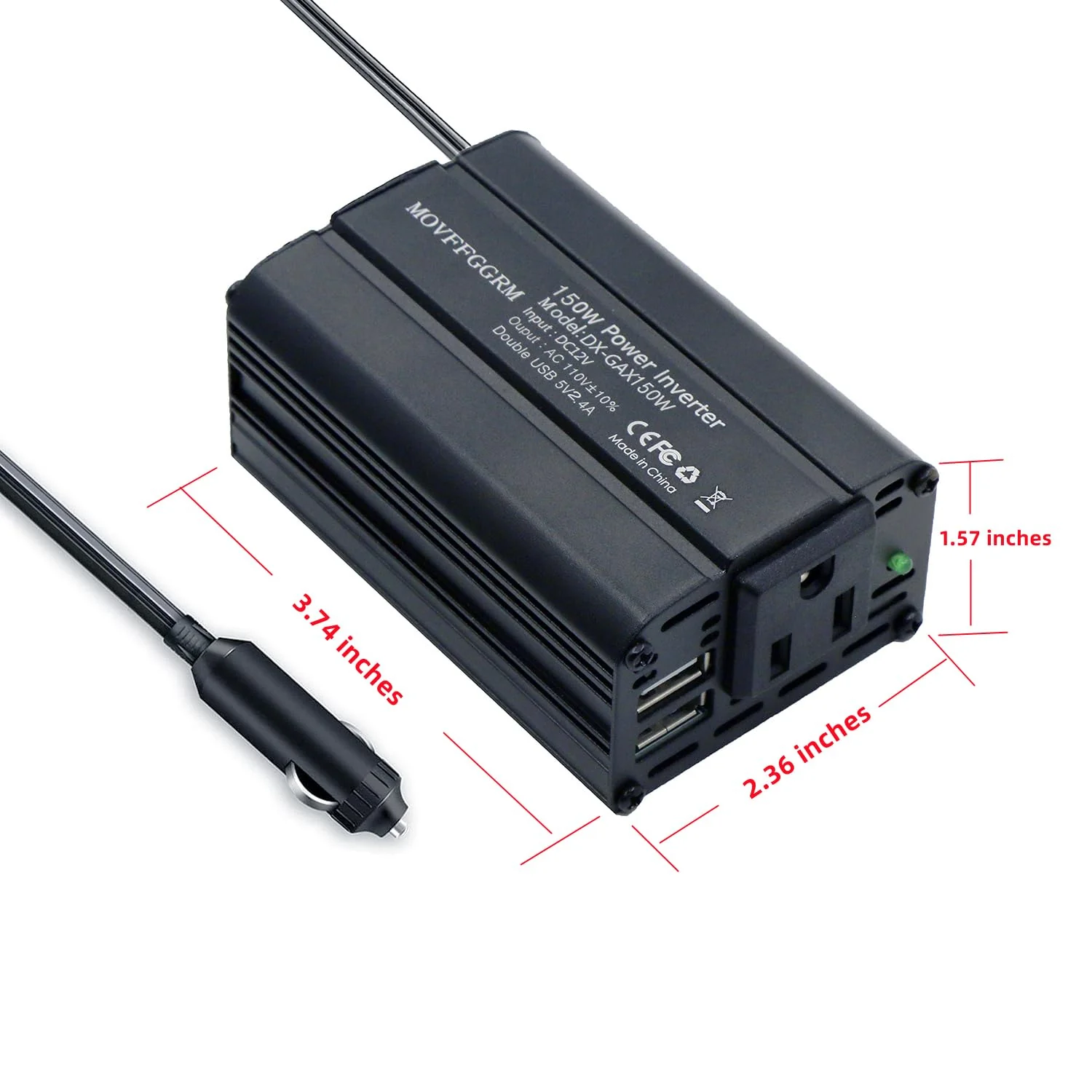 150W Power Inverter 12V DC to 110V AC Car Plug Adapter Outlet Converter with 2.4A Dual USB AC car Charger for Laptop Computer Black - Image 4