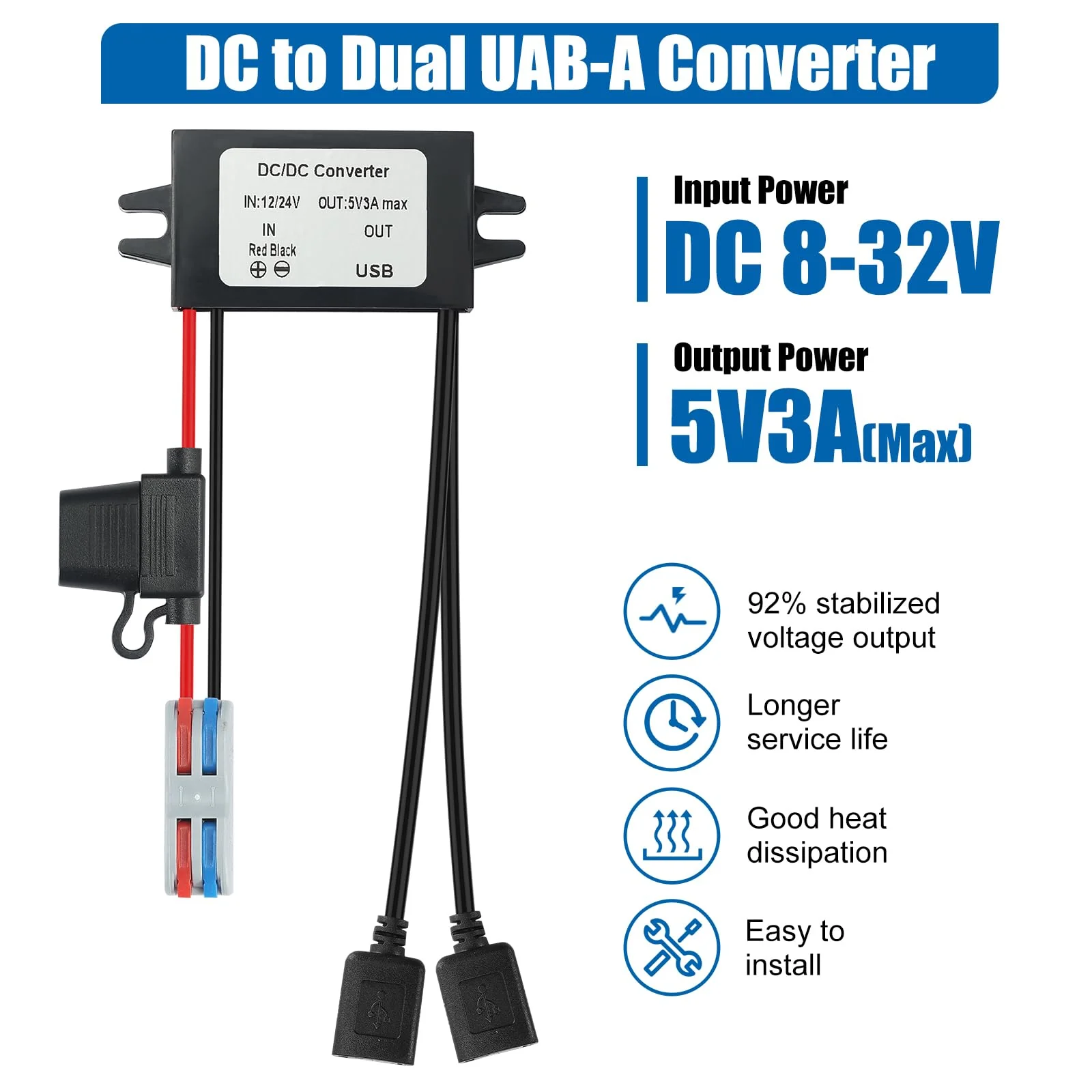 15W Dual USB Car Charger 8-32V to 5V 3A DC-DC Converter, Waterproof Voltage Regulator for Truck/RV/Boat/Heavy Equipment(CE Certified) Black 8-32V to 5V3A Dual USB - Image 2