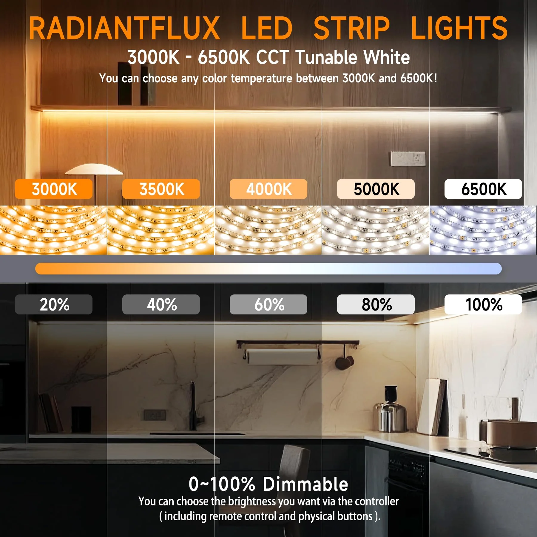 16.4ft Dimmable White LED Strip Light Kit, Dimmable 3000K-6500K, 24V Strip Lights with Remote Control, Flexible LED Strip Light, Eye Protection for Bedroom, Home Lighting, Mirror, Kitchen, Bar Cabinet Multicolor 16.4FT - Image 2