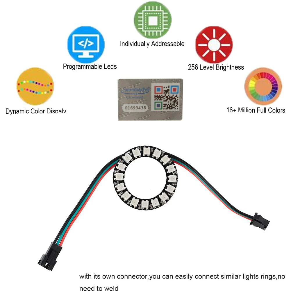 16 Bits WS2812 Addressable LED Ring with SM2.54-3P Connector Wire, 16 X WS2812B 5050 RGB LEDs with Integrated Drivers DC5V for Arduino ESP8266 ESP32 Devkit Nodemcu (Pack of 4pc) - Image 2