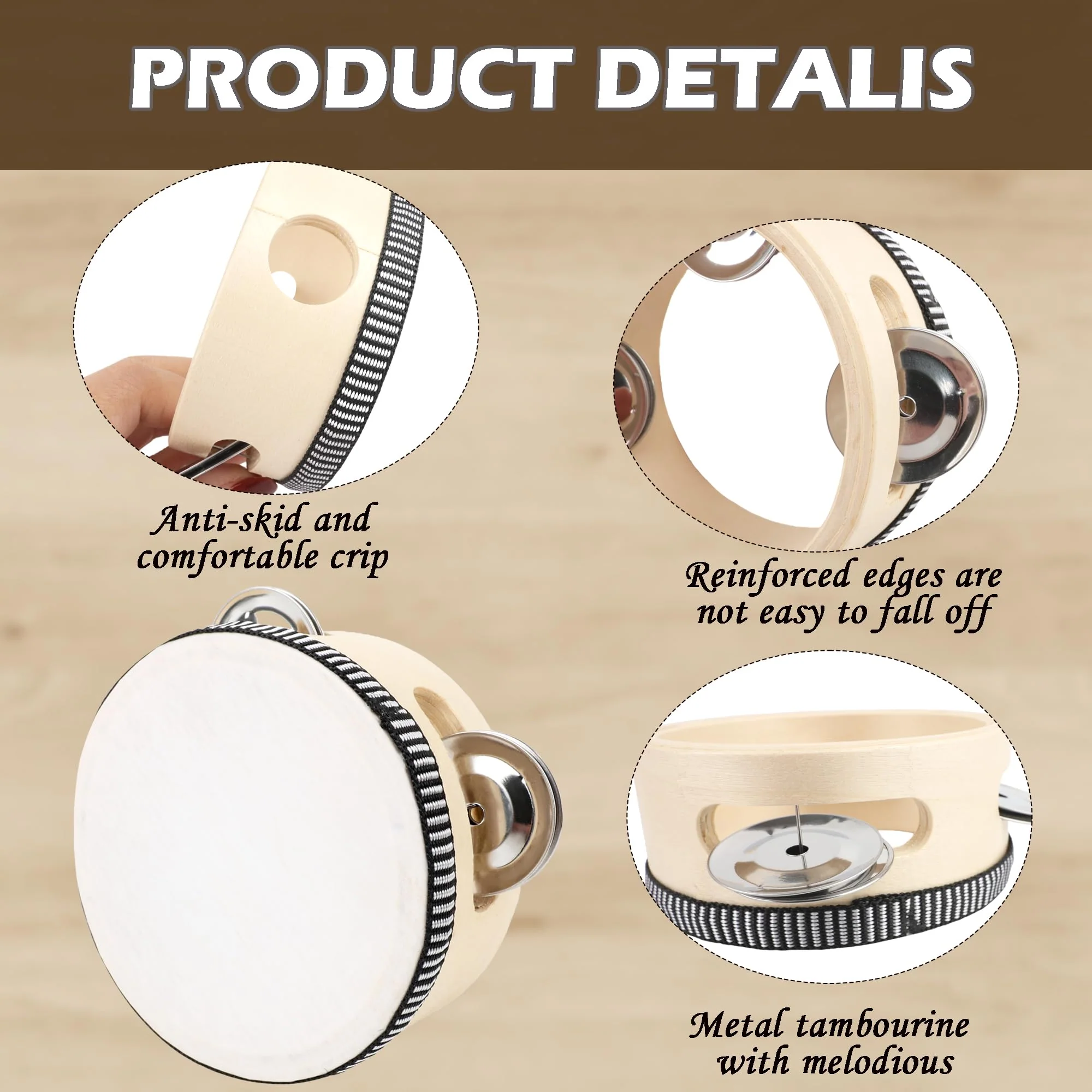 16 Pcs 4 Inch Adult Wedding Tambourines Drum Wooden Natural Handheld Drums Metal Jingles Drums Musical Instruments Percussion for Church Wedding Party Favor - Image 3