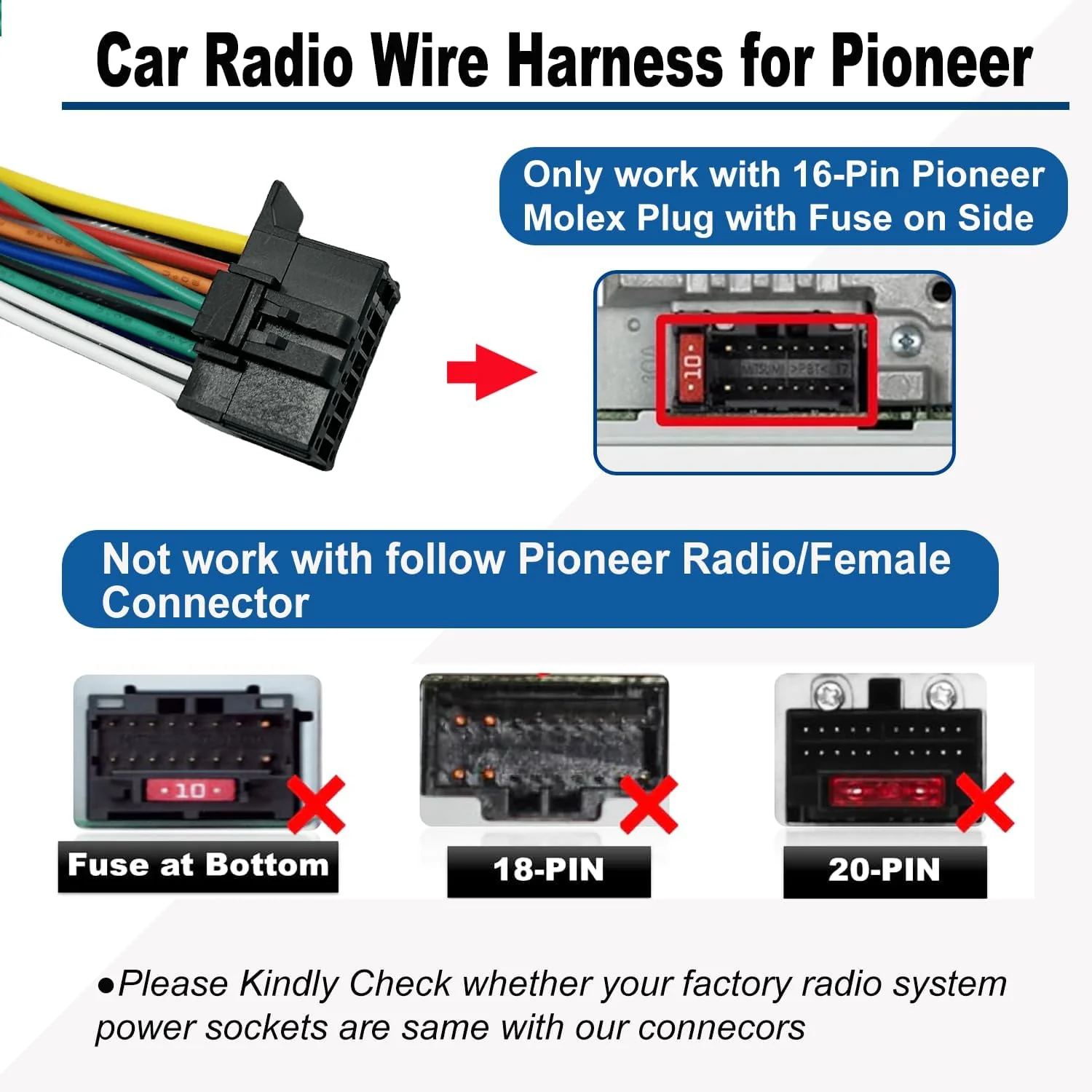 16 Pin Pioneer Wiring Harness Radio Stereo Connector for Aftermarket Radio Wire Harness Replacement for Pioneer DEH AVH AVIC MVH FH SPH Pioneer Stereo Power Plug for AVH-120BT AVH-1500NEX AVH-200EX - Image 3
