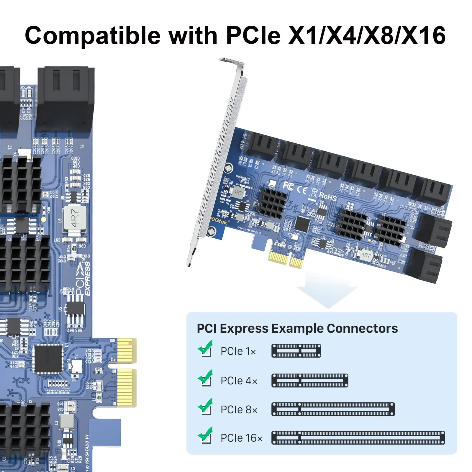 16 Port PCIe SATA Card, SATA3.0 Expansion Card, X1, with 16 SATA cable, Support SSD and HDD 16-Port, PCI-e X1 - Image 2
