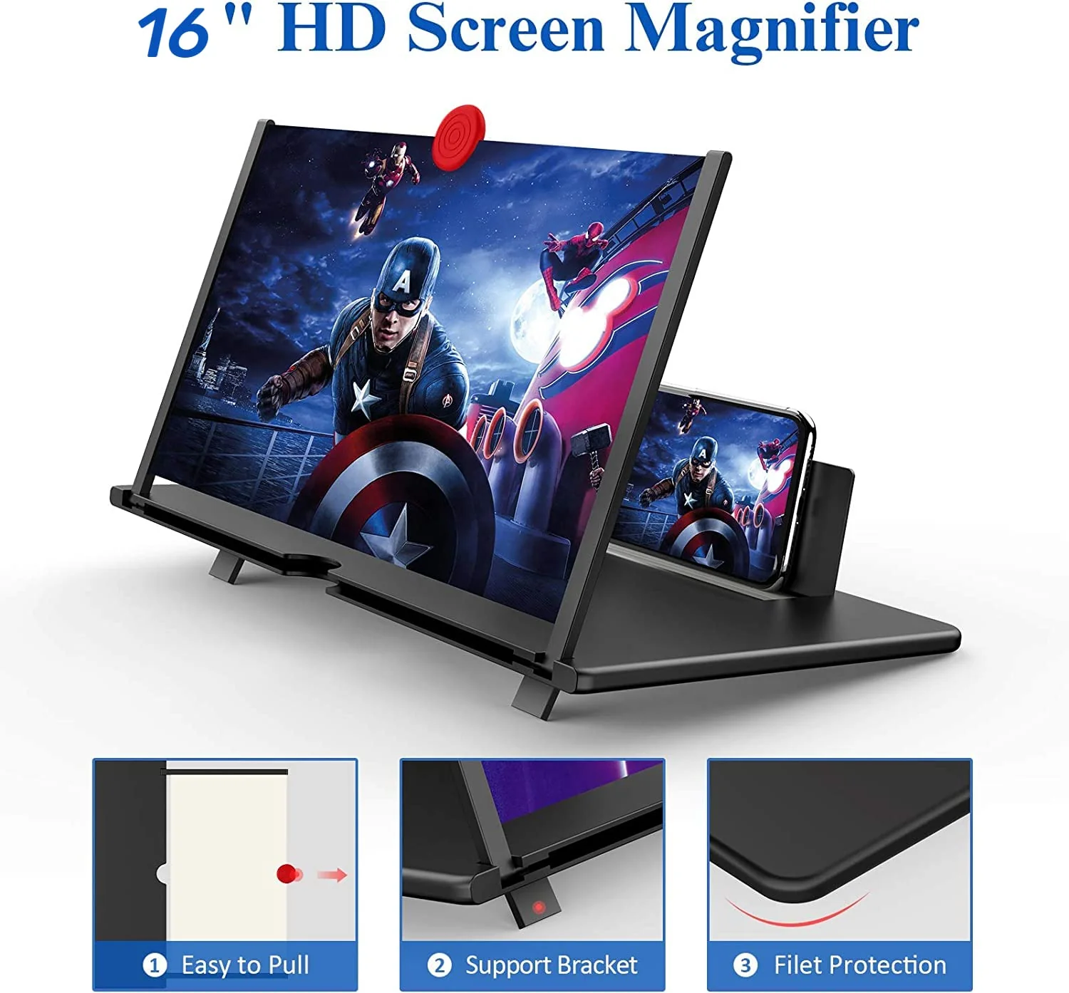 16" Screen Magnifier – 3D HD Cell Phone Magnifing Screen Enlarger Projector for Movies Videos and Gaming – Foldable Phone Stand Holder with Screen Amplifier Compatible with All Smartphones Black -16 Inch - Image 2