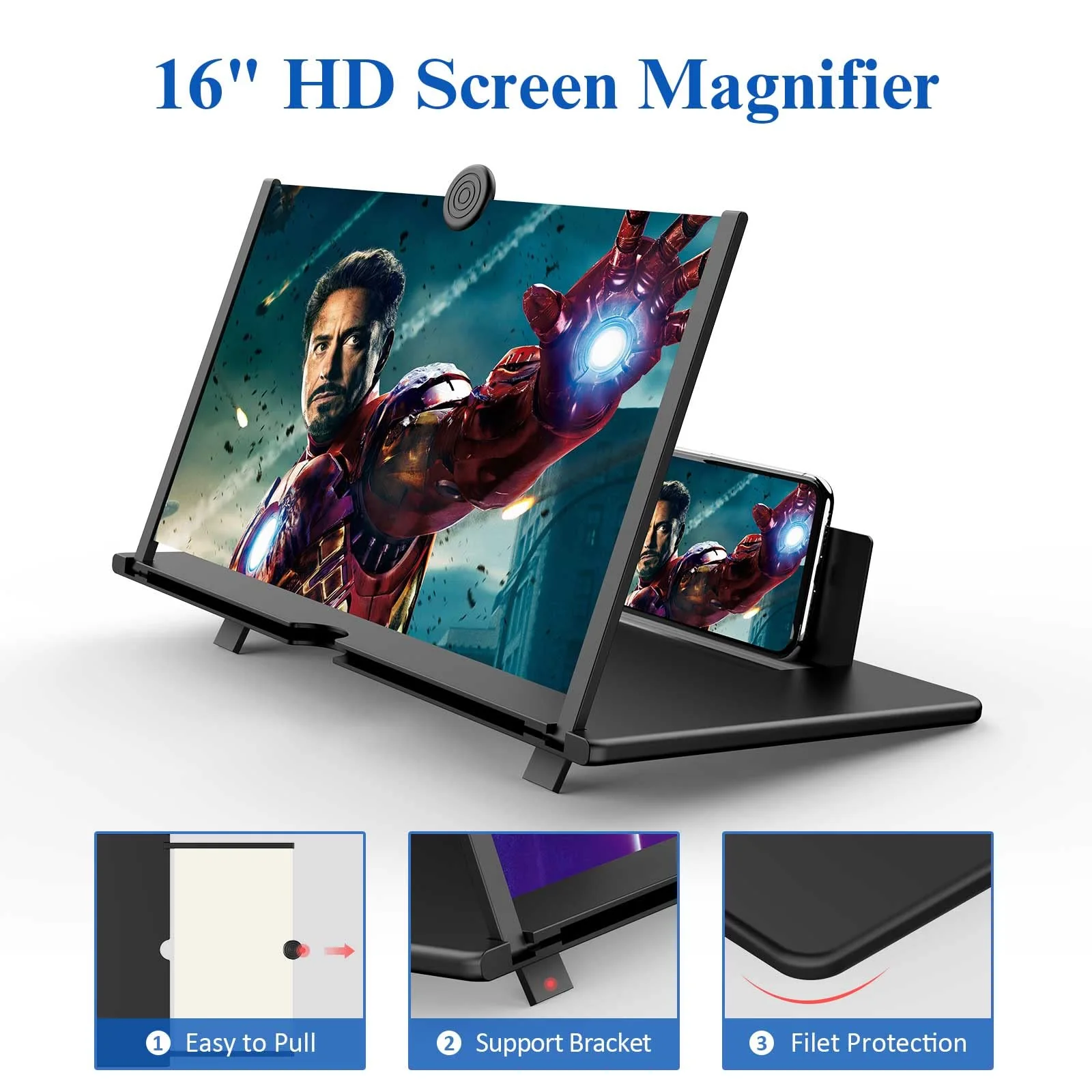 16" Screen Magnifier -3D HD Mobile Phone Magnifying Projector Screen Enlarger for Movies, Videos and Gaming – Foldable Phone Stand Holder with Screen Amplifier–Compatible with All Smartphones Black-16 inch - Image 2