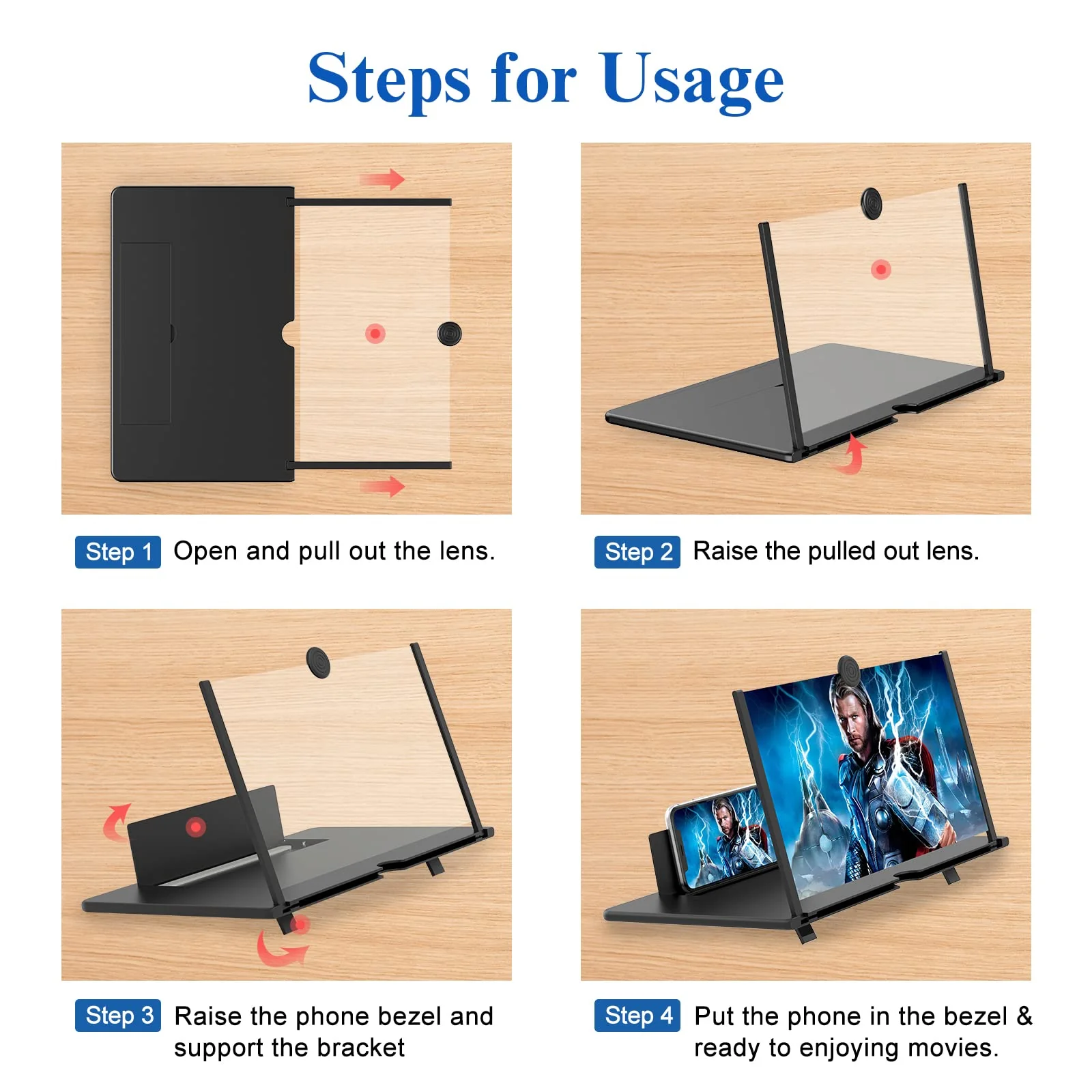 16" Screen Magnifier -3D HD Mobile Phone Magnifying Projector Screen Enlarger for Movies, Videos and Gaming – Foldable Phone Stand Holder with Screen Amplifier–Compatible with All Smartphones Black-16 inch - Image 4