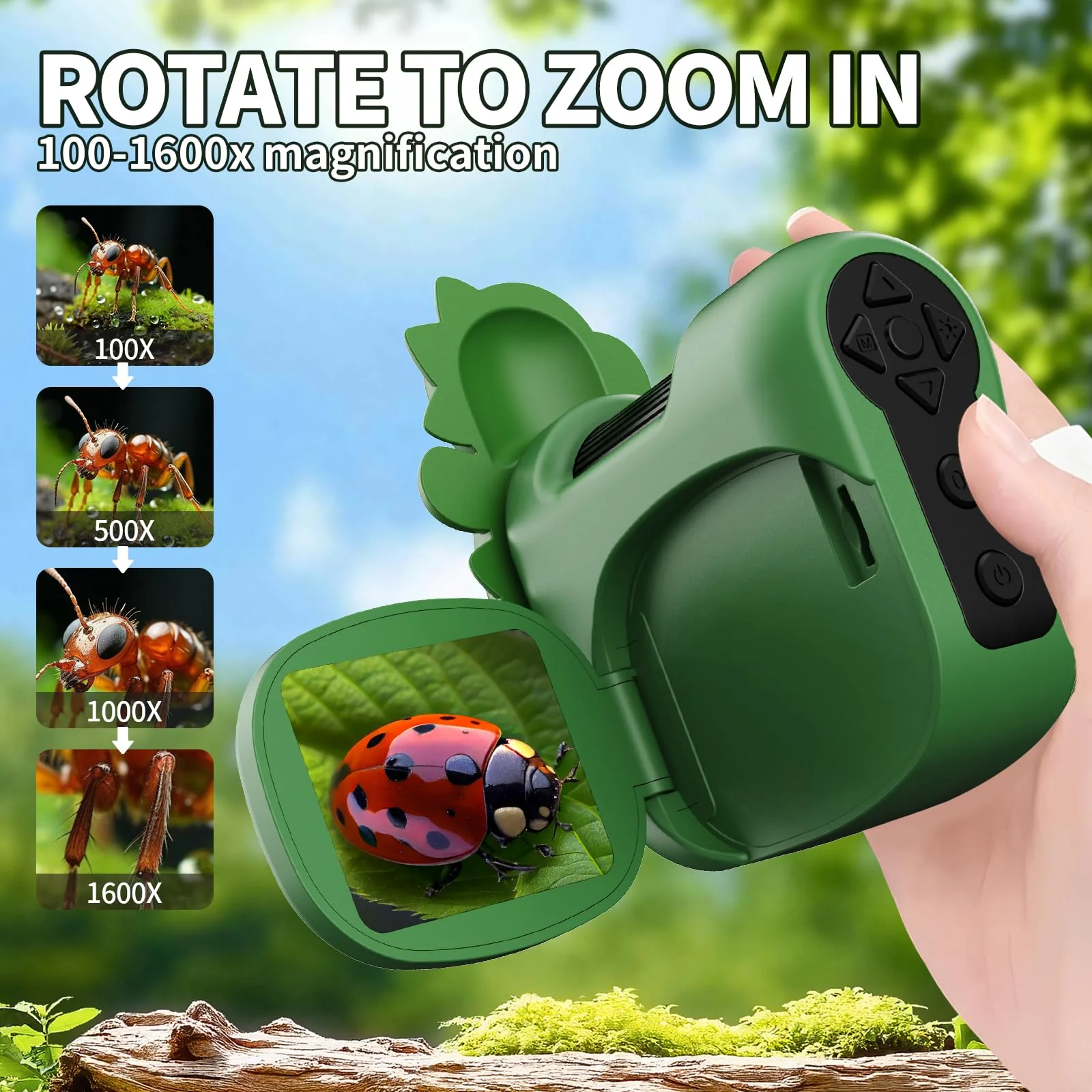 1600X Handheld Microscope for Kids 2" IPS Screen Kit Mini Pocket Digital Microscopes STEM Science with Slides Photo Video Rechargeable Portable Scope Gift for Ages 6-12 (Green) Green - Image 3