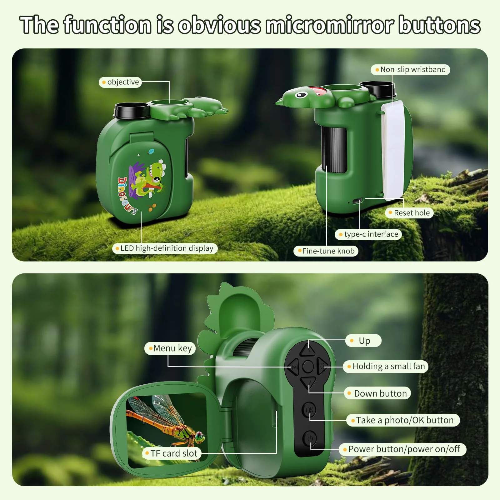 1600X Handheld Microscope for Kids 2" IPS Screen Kit Mini Pocket Digital Microscopes STEM Science with Slides Photo Video Rechargeable Portable Scope Gift for Ages 6-12 (Green) Green - Image 5