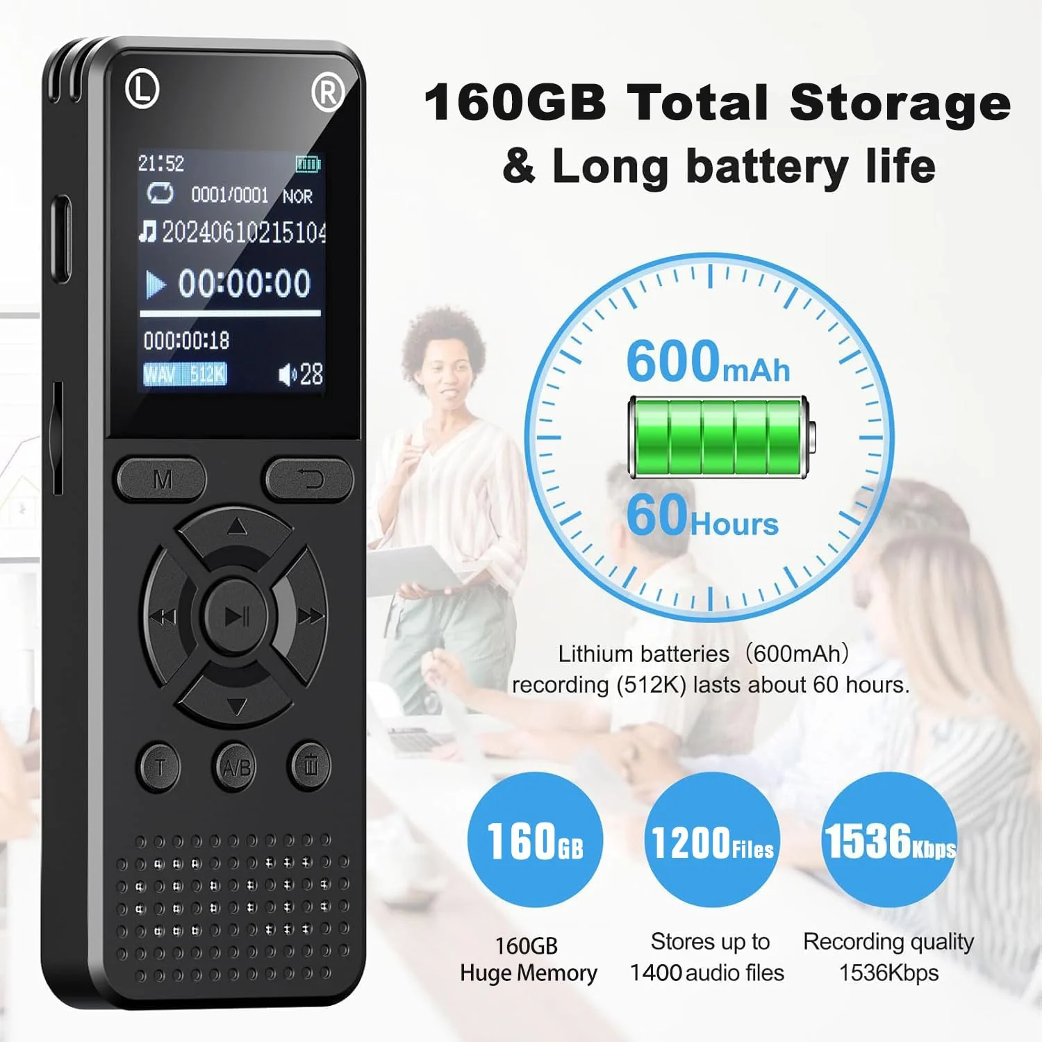 160GB Digital Voice Recorder, Portable Audio Recorder with Built-in Speaker, Voice Activated, WAV, A/B Repeat & Password Protection – Ideal for Meetings, Lectures & Interviews - Image 3