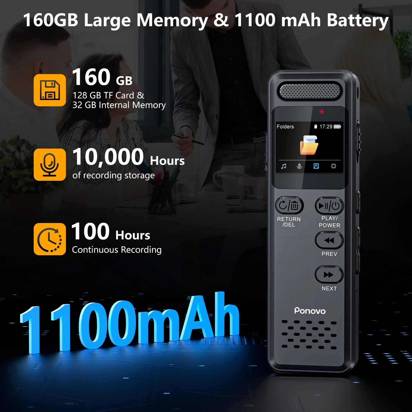 160GB Digital Voice Recorder with Playback, 1100mAh Audio Recording Device for Lecture Interviews, 1536Kbps Voice Activated Recorder with Noise Reduction, Password, External Microphone 160GB - Image 4