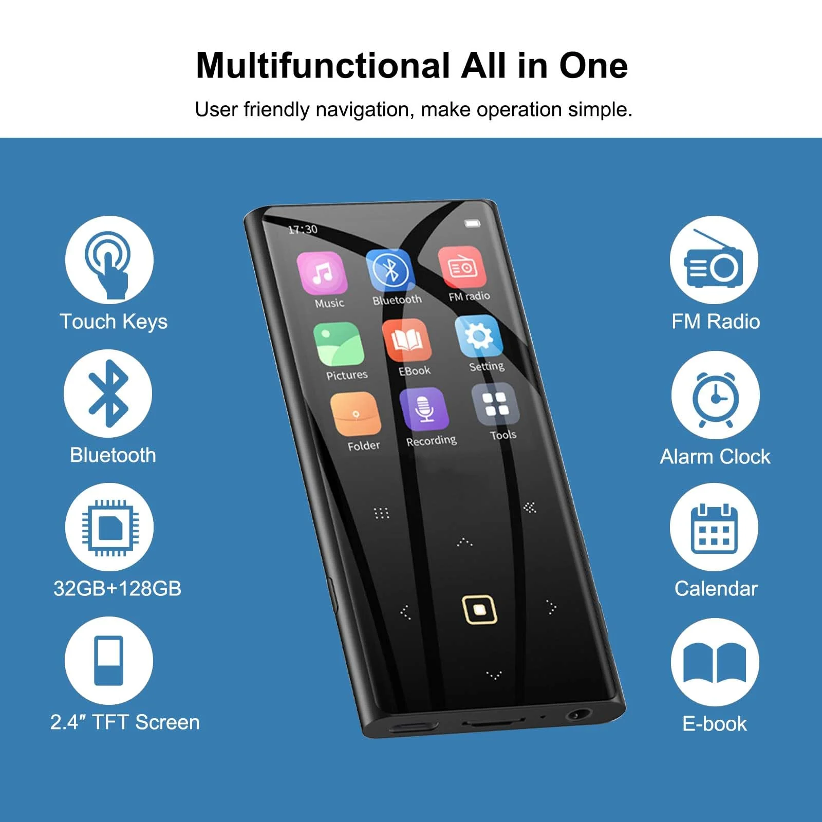 160GB MP3 Player for Kids with Bluetooth Portable Music Player 2.4" Large Screen Built-in Speaker Support Video FM Radio Voice Recorder E-Book Earphones Included - Image 2