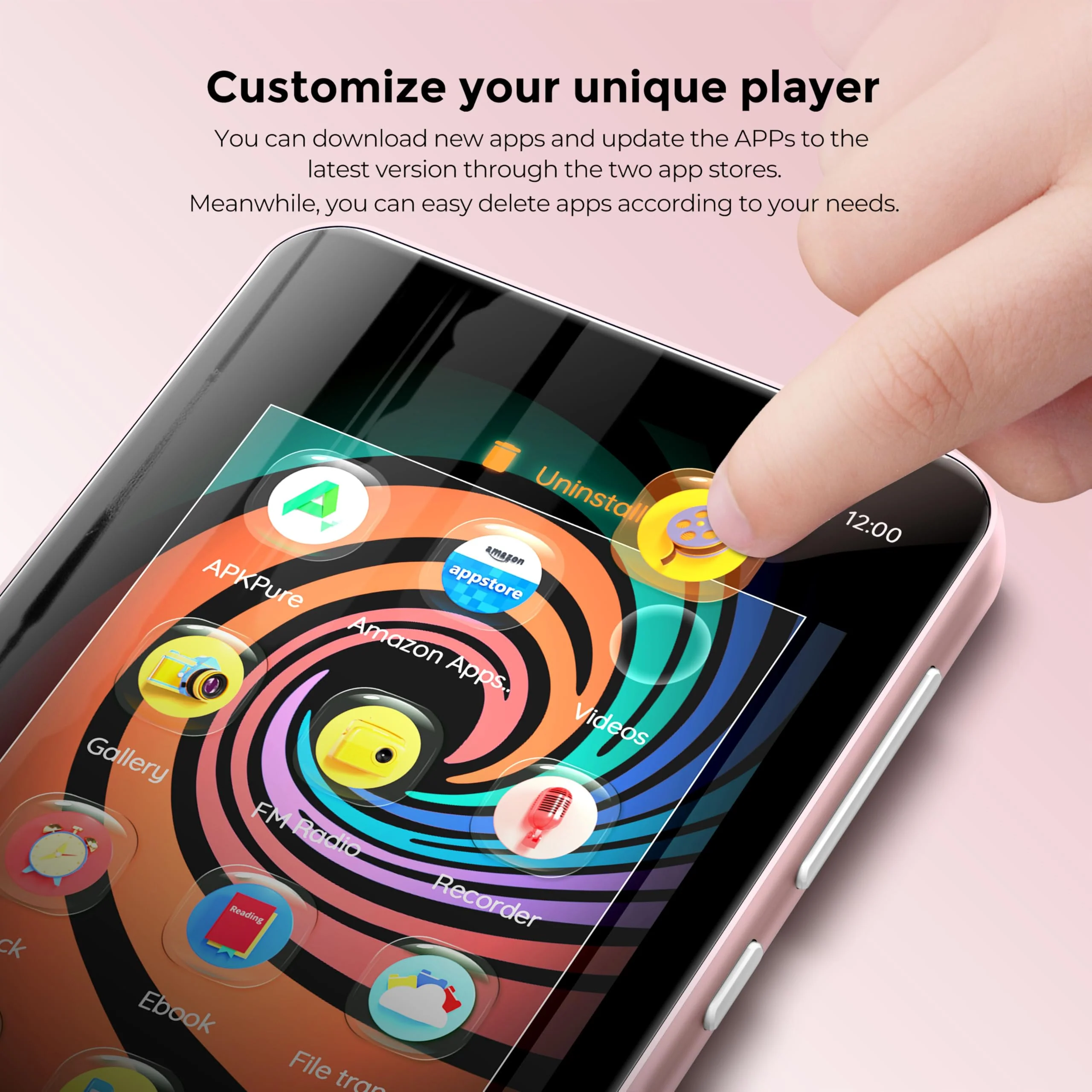 160GB MP3 Player with Bluetooth and WiFi, innioasis Music Player with Spotify,Pandora,Amazon Music,4" Touch Screen Android MP4 MP3 Player for Kids with Libby,Audible,Spotify Kids (White+Pink) Pink+White - Image 4