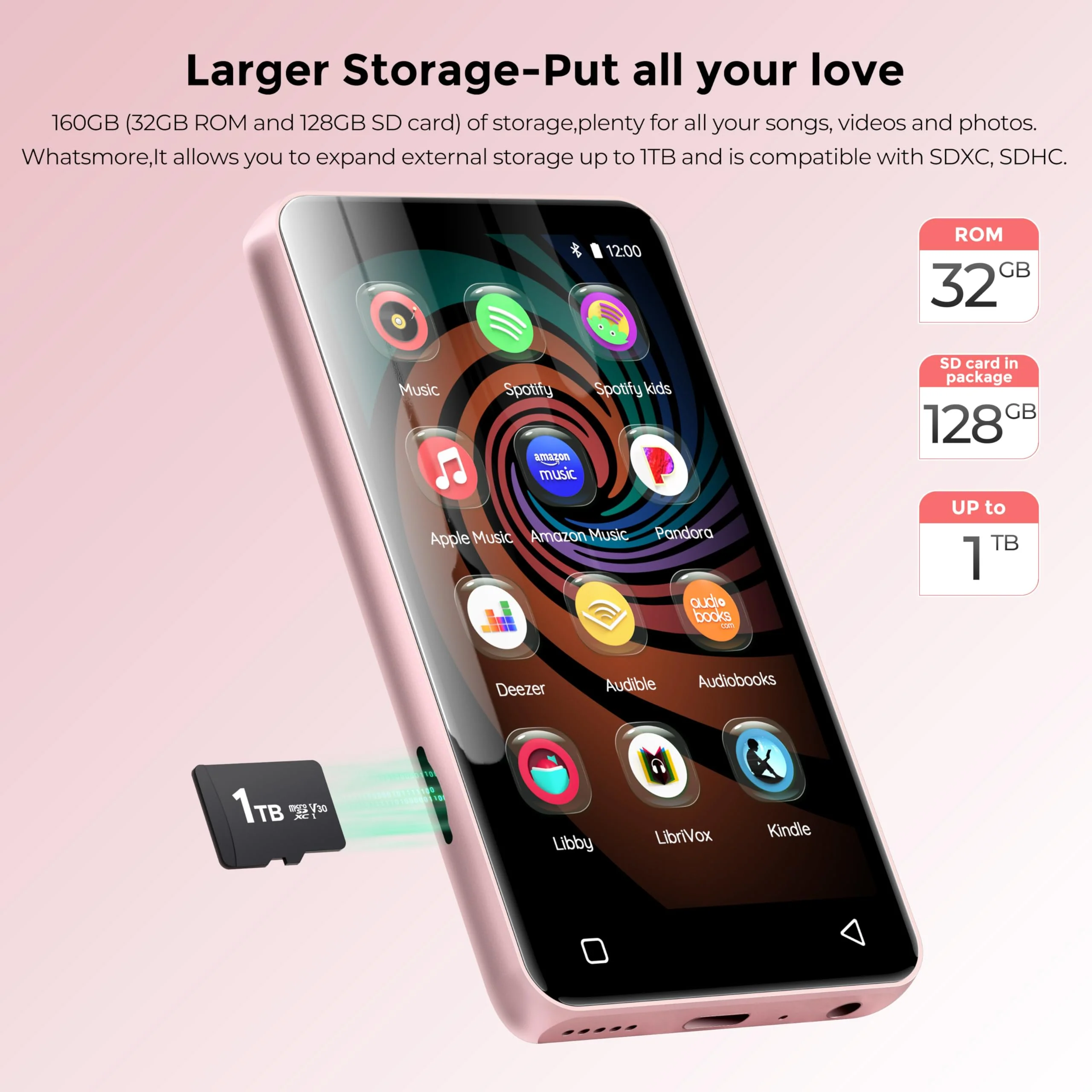 160GB MP3 Player with Bluetooth and WiFi, innioasis Music Player with Spotify,Pandora,Amazon Music,4" Touch Screen Android MP4 MP3 Player for Kids with Libby,Audible,Spotify Kids (White+Pink) Pink+White - Image 5