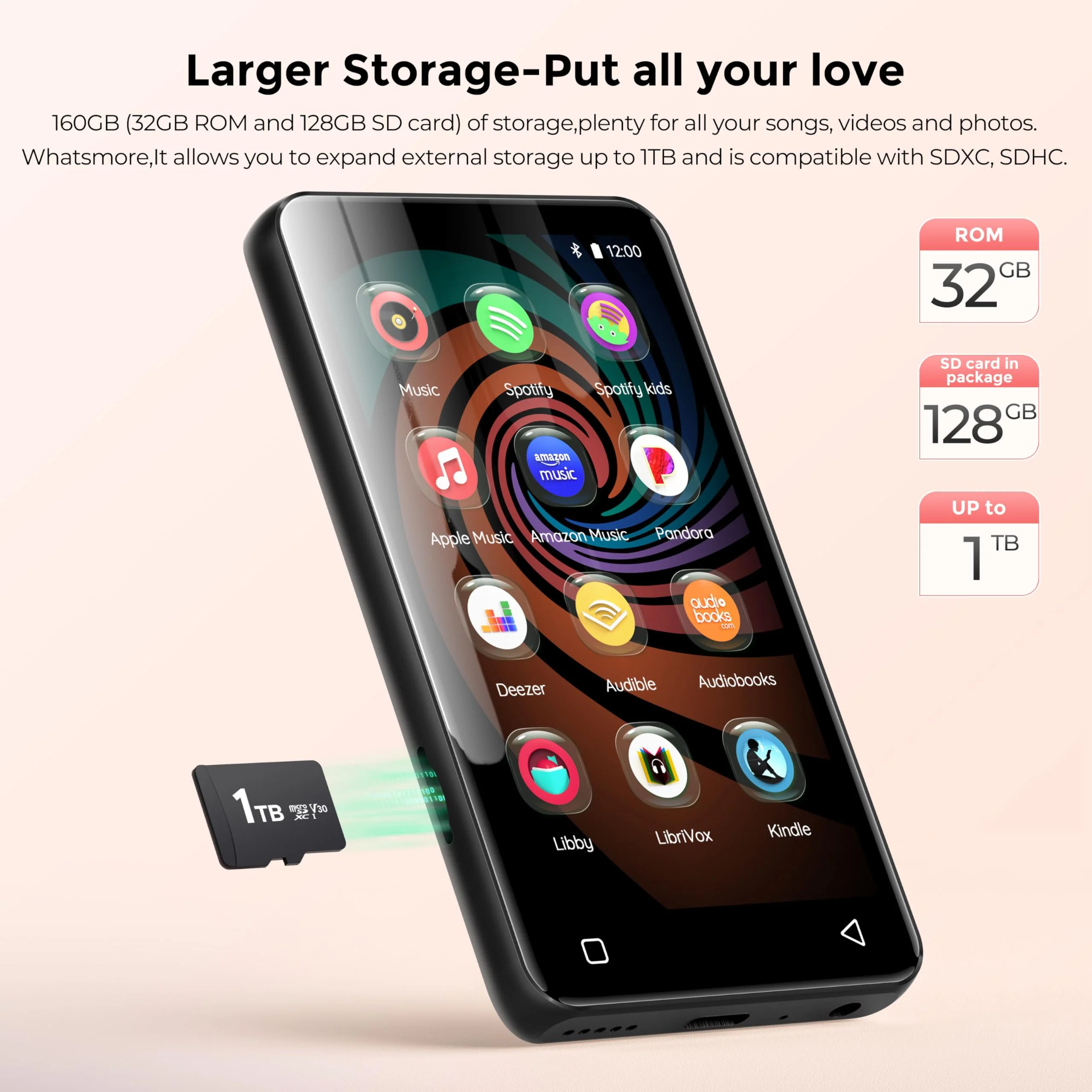 160GB MP3 Player with Bluetooth and WiFi, innioasis Music Player with Spotify,Pandora,Amazon Music,4" Touch Screen Android MP4 MP3 Player for Kids with Libby,Audible,Spotify Kids(Black) 160GB Black - Image 5