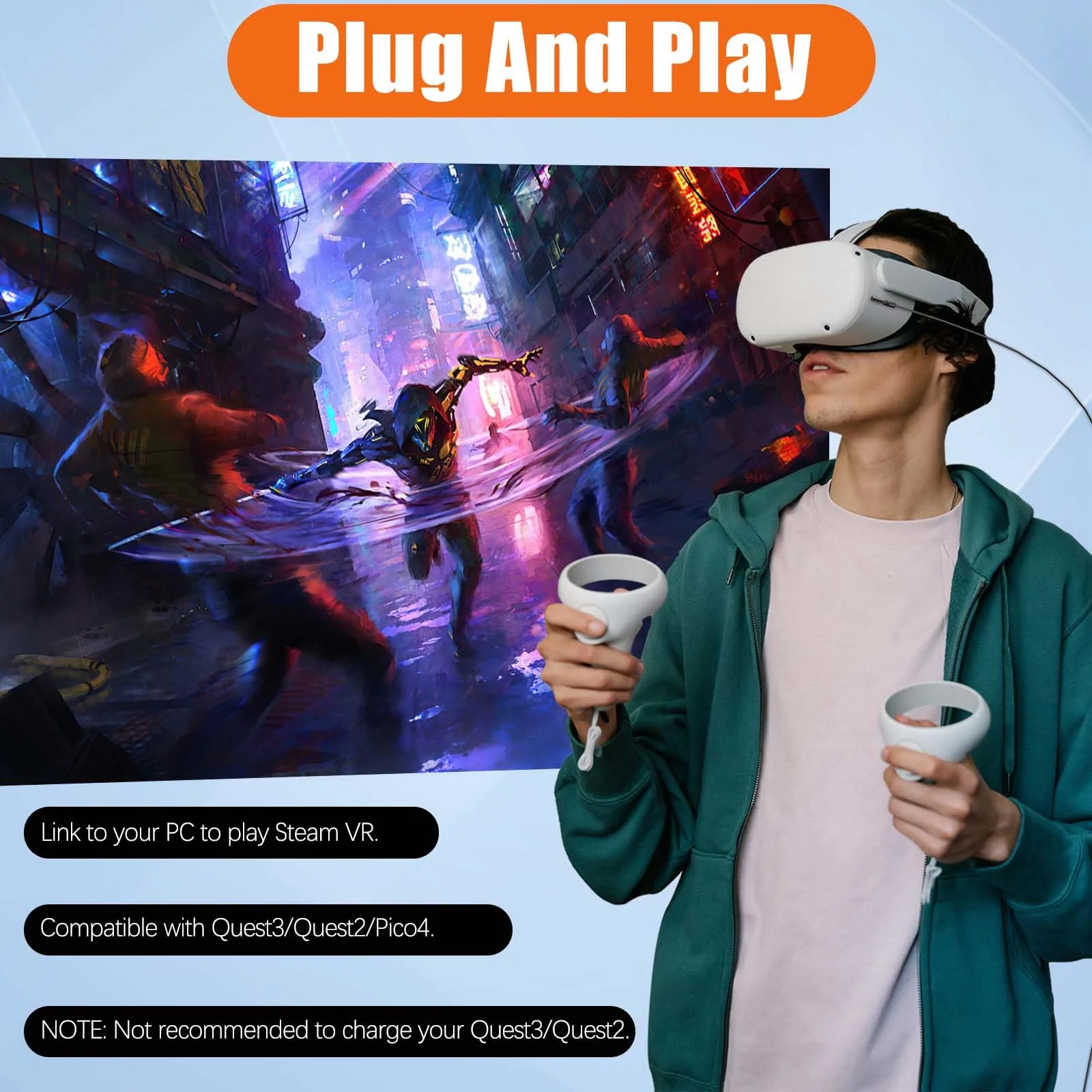 16FT Right Angle USB C Cable for Meta Oculus Quest 3 2 Pro Pico 4 VR Link Cable,USB 3.0 High Speed PC Data Transfer Long Extention Cord for Virtual Reality Headset to PC Steam Gaming Accessories Black - Image 5