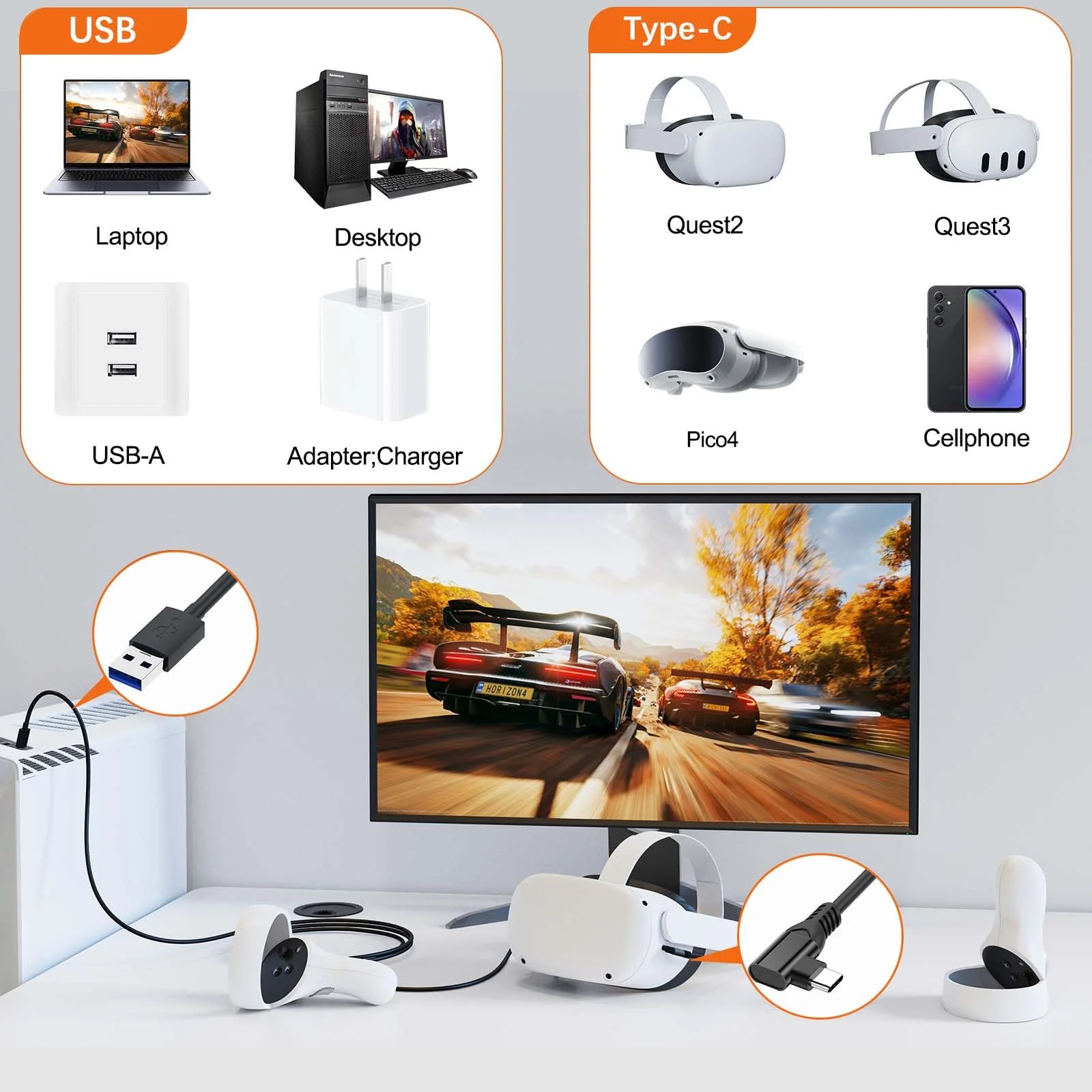 16FT Right Angle USB C Cable for Meta Oculus Quest 3 2 Pro Pico 4 VR Link Cable,USB 3.0 High Speed PC Data Transfer Long Extention Cord for Virtual Reality Headset to PC Steam Gaming Accessories Black - Image 7