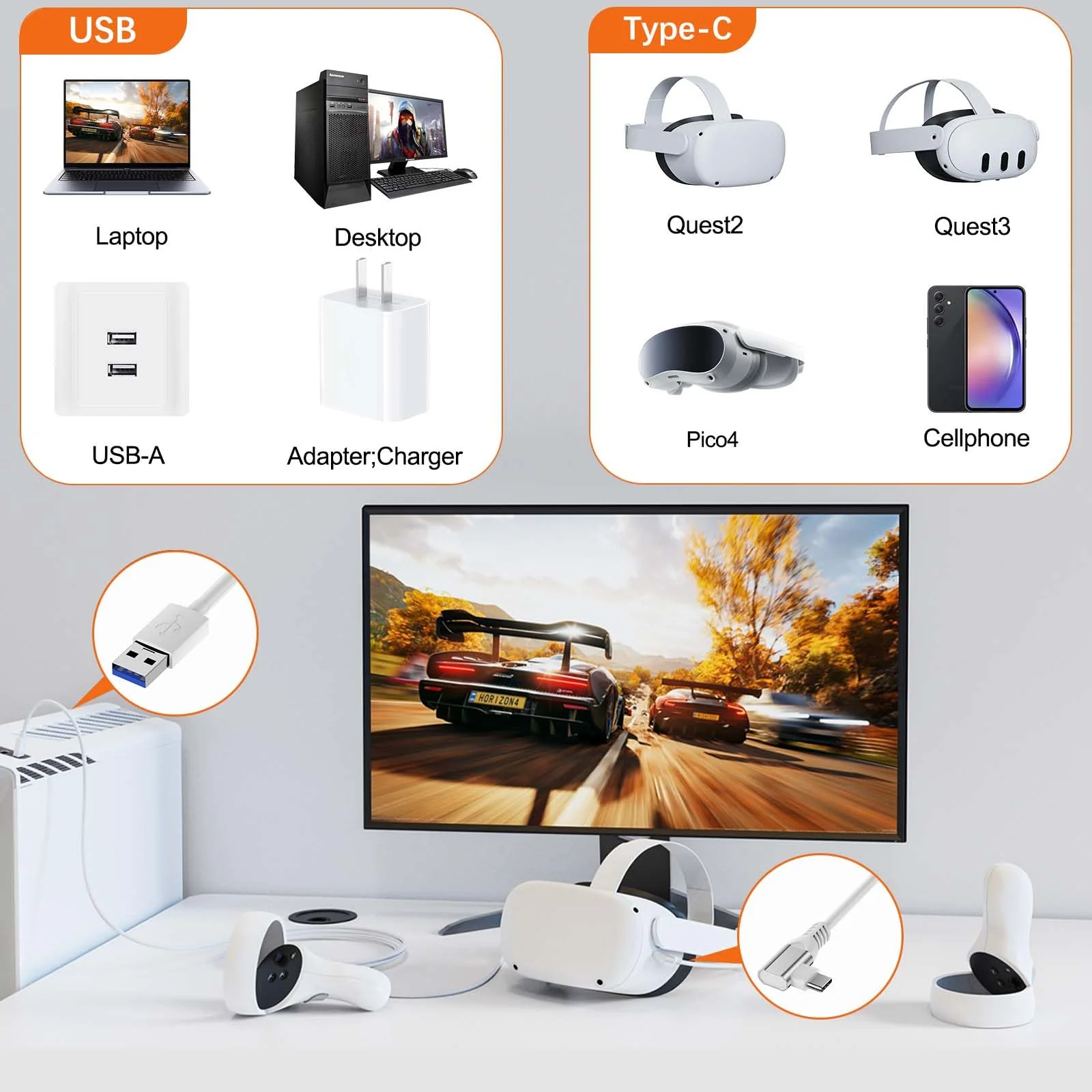 16FT Right Angle USB C Cable for Meta Oculus Quest 3 2 Pro Pico 4 VR Link Cable,USB 3.0 High Speed PC Data Transfer Long Extention Cord for Virtual Reality Headset to PC Steam Gaming Accessories White - Image 7