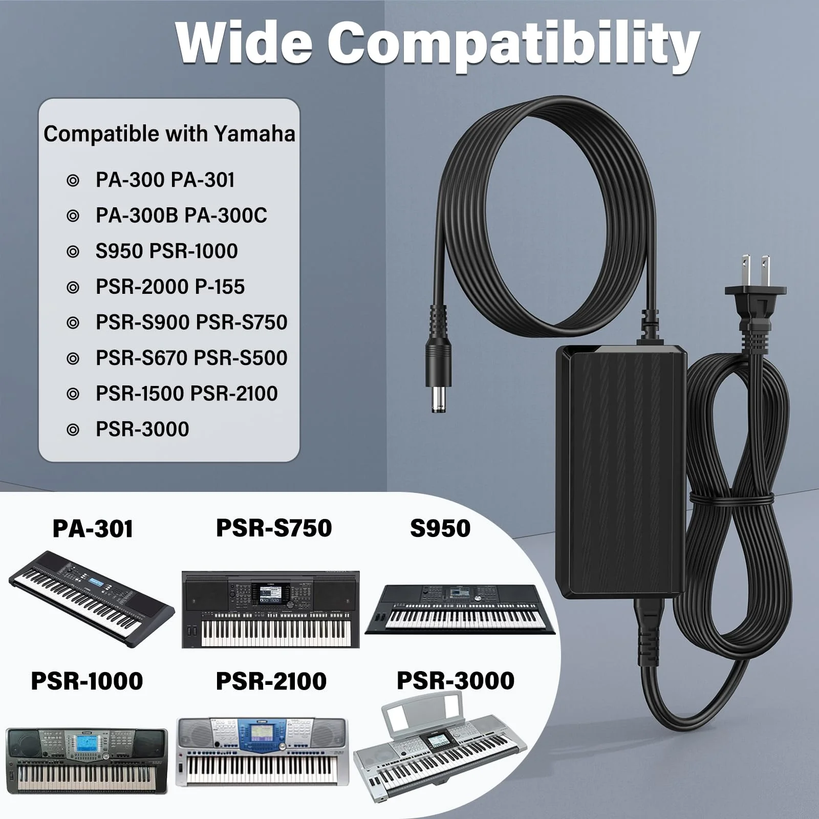 16V 2.5A for Yamaha PA-300 Charger Power Cord for Yamaha PA300 PA-301 PA-300B PA-300C P-120S P-120 S Pro ES XS Synthesizer PSR PSR-S PSRS PSR-1000 PSR-S500 Keyboard Piano AC DC Adapter Plug Cable Wire - Image 2