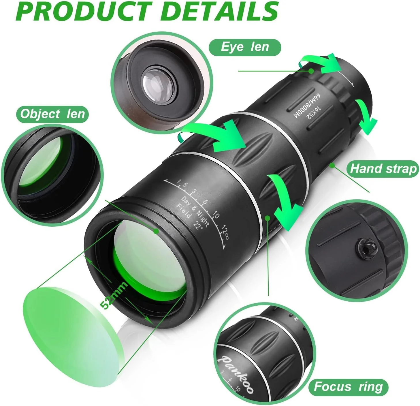 16X52 Mini Monocular Telescope High Powered for Adults, Birthday Gifts for Men Dad Him Husband Teen Boys, BAK4 & FMC Prism Scope for Birdwatching Outdoors Hunting, Cool Gadgets for Men 16×52 - Image 3