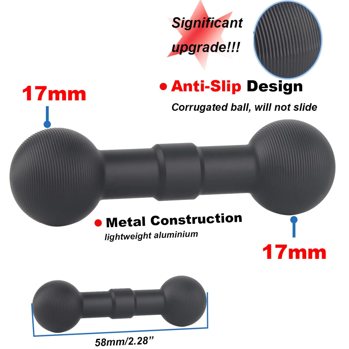 17mm to 17mm Double Ball Extender Bar Mount for GPS Cell Phone Action Camera on Motocycle Vehicles, Corrugated Ball Anti-Slip Design, 58mm Long - Image 2