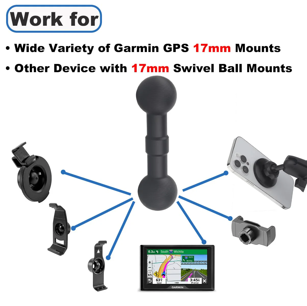 17mm to 17mm Double Ball Extender Bar Mount for GPS Cell Phone Action Camera on Motocycle Vehicles, Corrugated Ball Anti-Slip Design, 58mm Long - Image 5