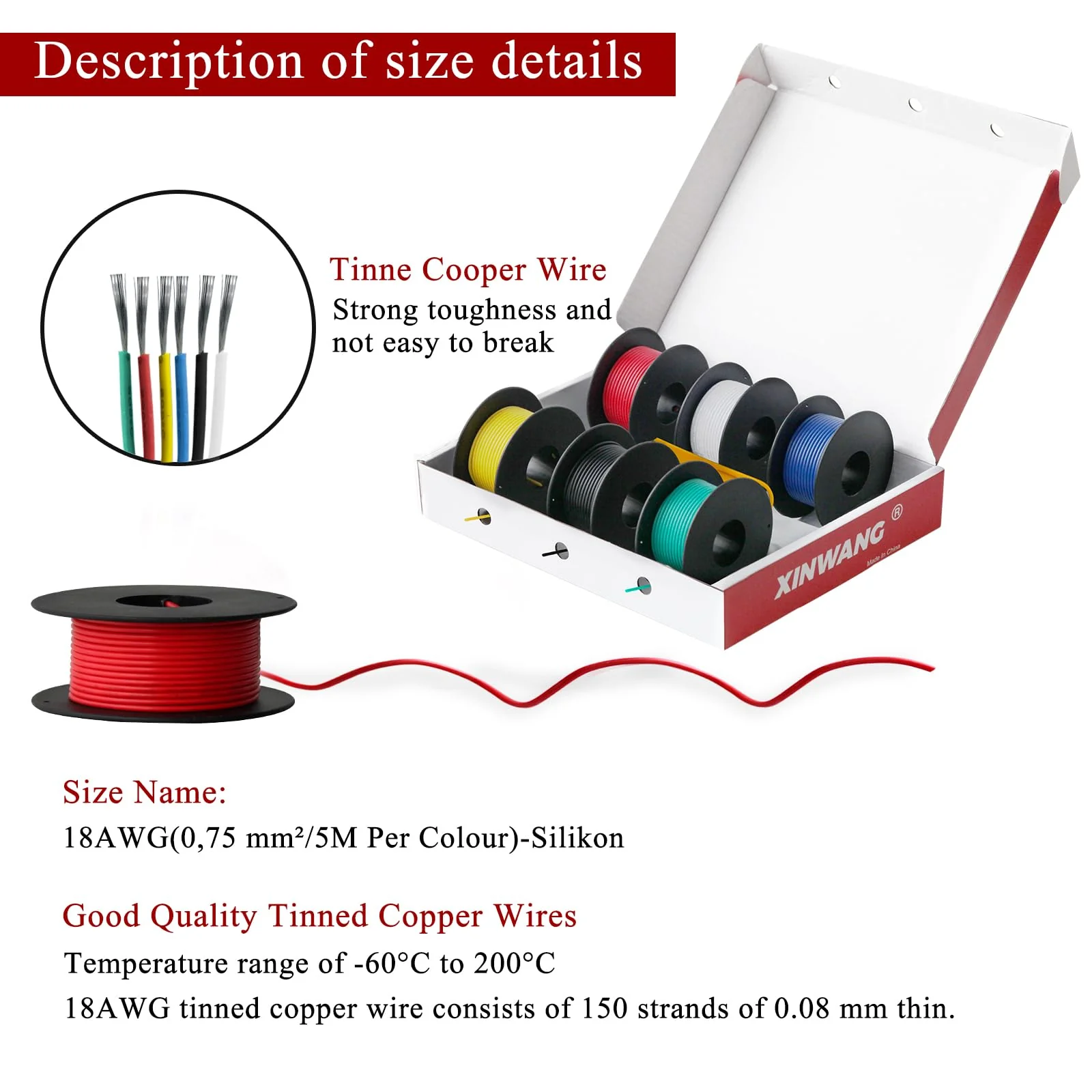 18 Gauge Electrical Wire,18 awg Silicone Wire-XINWANG 18 Gauge Stranded Tinned Copper Wire with Silicone Insulation(OD: 2.3 mm) 6 Colors,16.5ft Each, Hook Up Wire Kit 18AWG16.5FT-Silicone - Image 5