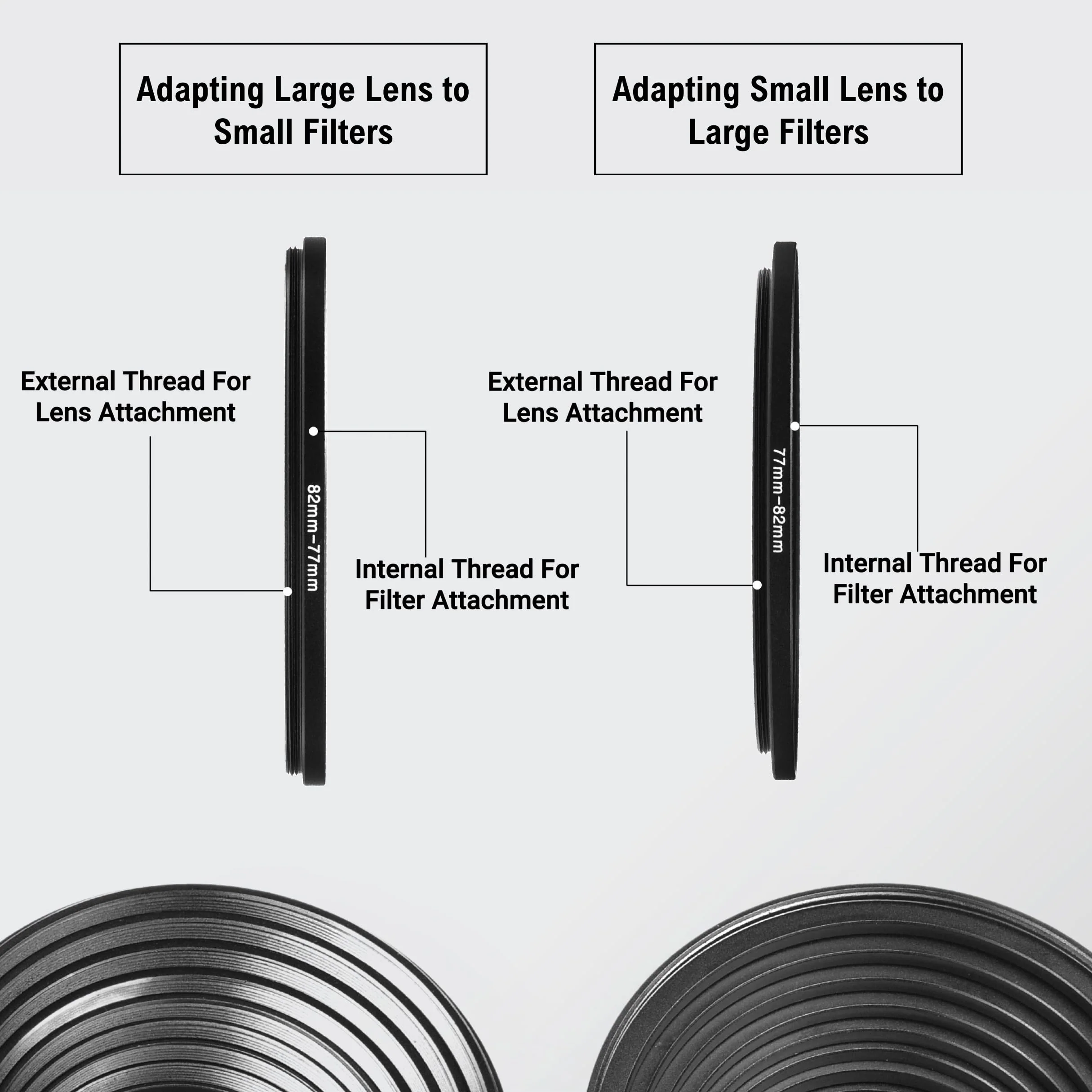 18-Piece Filter Ring Adapter Set - 9X Step-Up Rings and 9X Step-Down Rings for Lens Filters, Lens Hoods, and Lens Converters - Includes 4X Microfiber Cleaning Cloths (7x6 Inches) Step Up + Down Lens Filter Adapter Kit - Set of 18 - Image 2