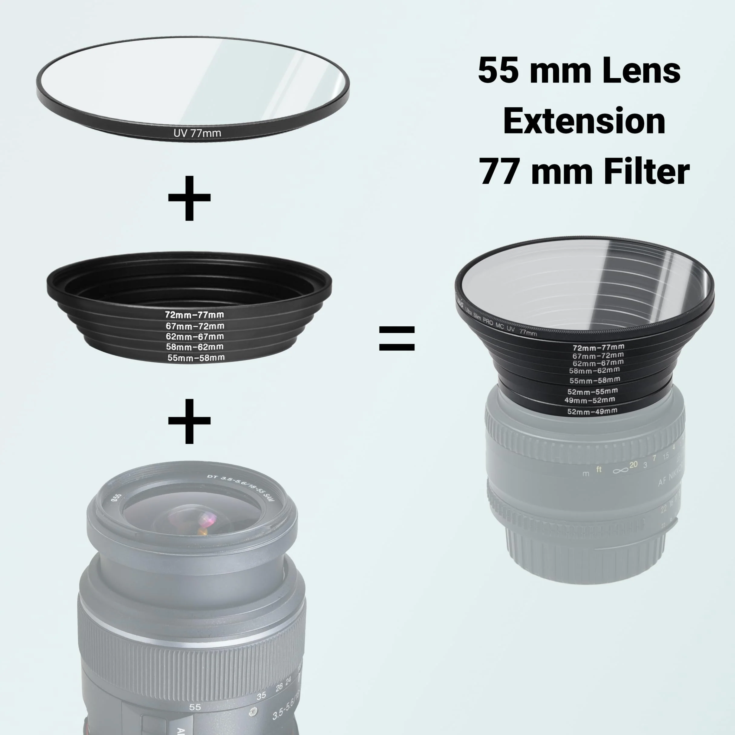 18-Piece Filter Ring Adapter Set - 9X Step-Up Rings and 9X Step-Down Rings for Lens Filters, Lens Hoods, and Lens Converters - Includes 4X Microfiber Cleaning Cloths (7x6 Inches) Step Up + Down Lens Filter Adapter Kit - Set of 18 - Image 3