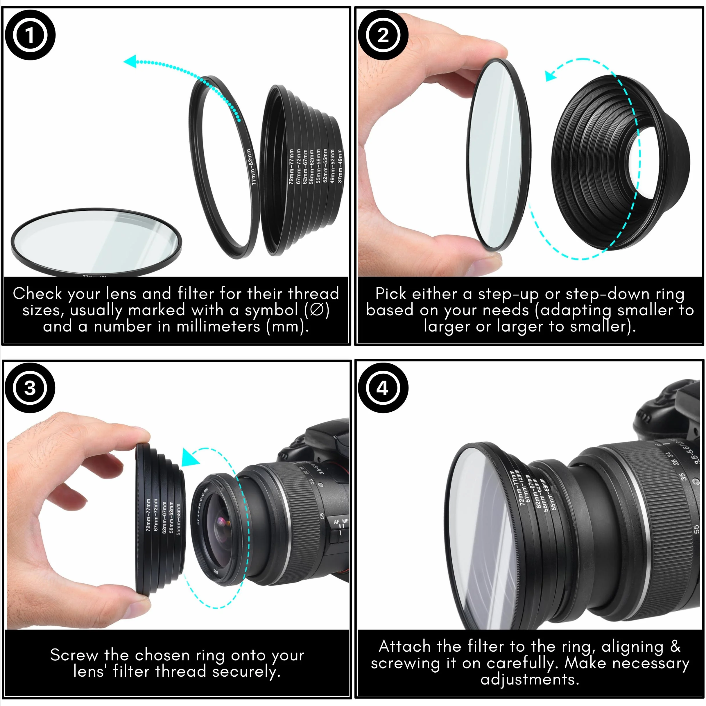 18-Piece Filter Ring Adapter Set - 9X Step-Up Rings and 9X Step-Down Rings for Lens Filters, Lens Hoods, and Lens Converters - Includes 4X Microfiber Cleaning Cloths (7x6 Inches) Step Up + Down Lens Filter Adapter Kit - Set of 18 - Image 6
