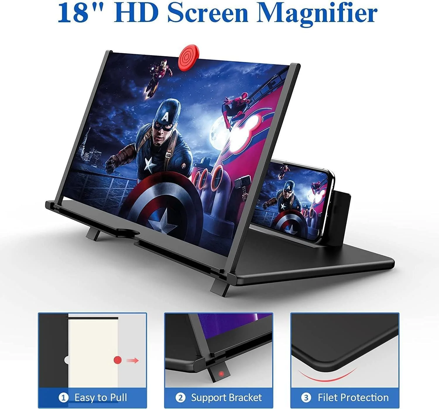 18" Screen Magnifier for Cell Phone – 3D HD Magnifing Screen Enlarger Projector for Movies Videos and Gaming – Foldable Mobile Phone Stand Holder with Screen Amplifier (Black-18) Black-18 - Image 2