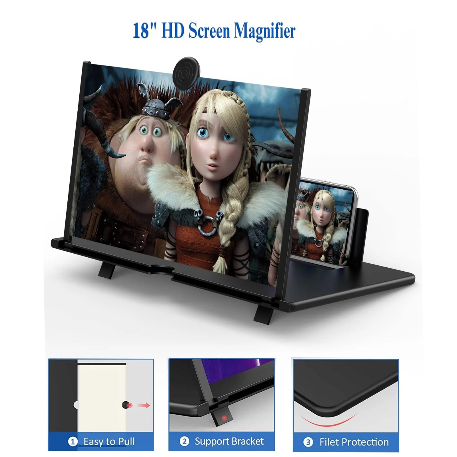 18" Screen Magnifier for Cell Phone - 3D HD Magnifying Projector Screen Enlarger Expanders for Movies, Videos and Gaming – Foldable Phone Stand with Screen Amplifier–Compatible with All Smartphones Black-18inch - Image 2