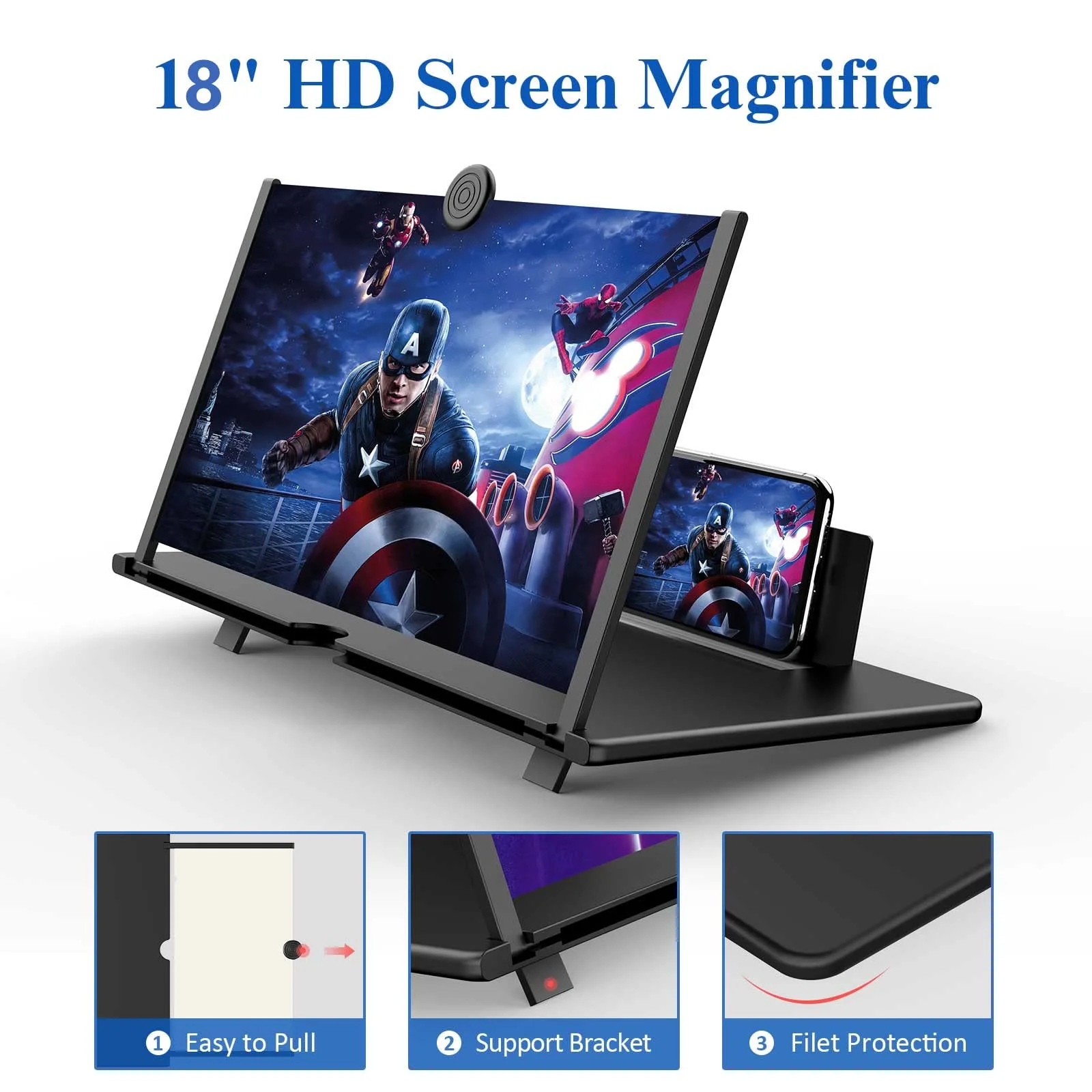 18" Screen Magnifier for Cell Phone -3D HD Magnifying Projector Screen Enlarger for Movies, Videos and Gaming – Foldable Phone Stand Holder with Screen Amplifier–Compatible with All Phones (Black-18) Black-18" - Image 2