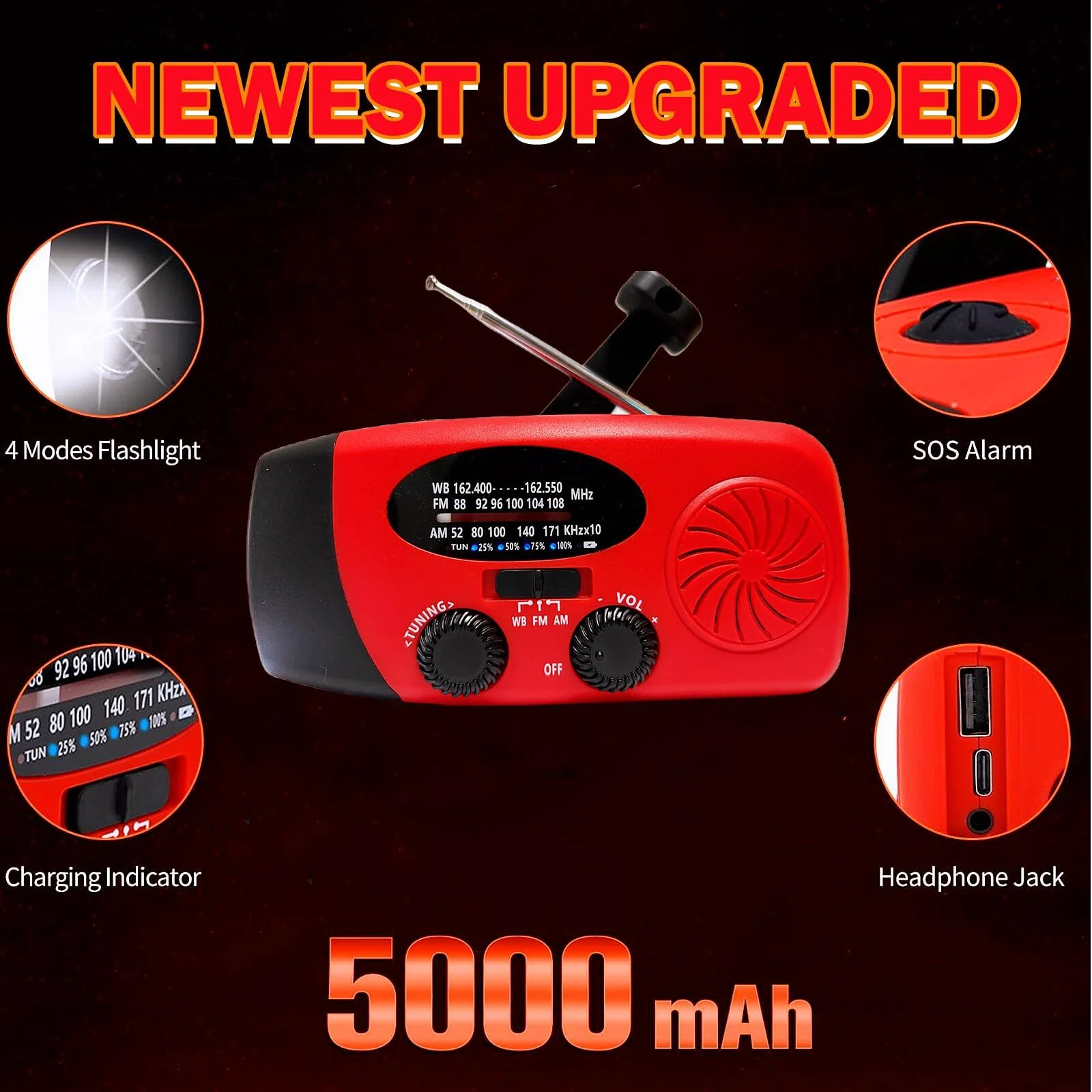 18500mWh/5000mAh Emergency Crank Weather Radio, iRonsnow NOAA/FM/AM Solar Radios, Portable Survival Radio with SOS, Earphone Jack, 1W 4 Modes LED Flashlight, Cell Phone Charger for Camping Hiking 5000mAh Red - Image 3