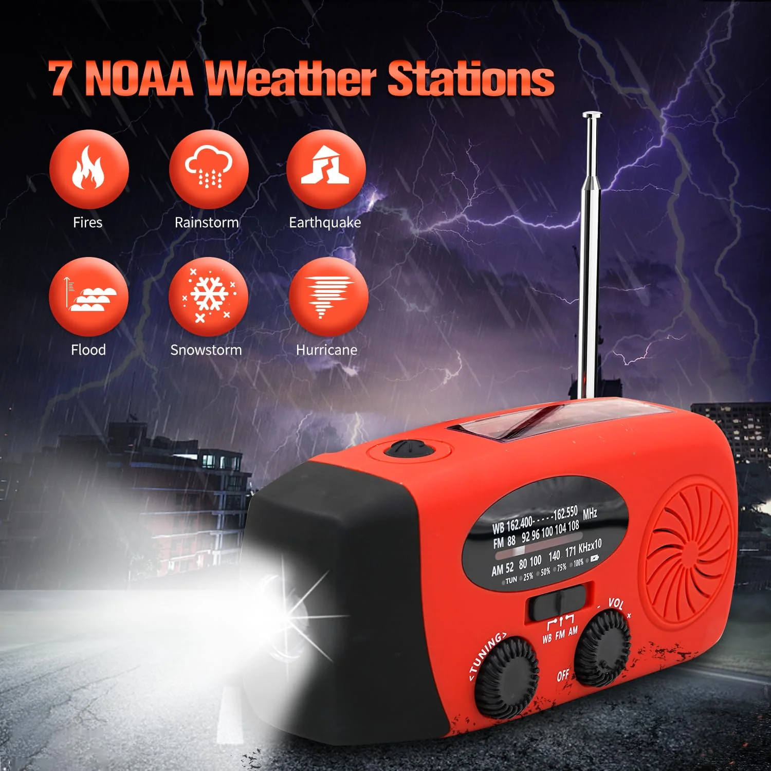 18500mWh/5000mAh Emergency Crank Weather Radio, iRonsnow NOAA/FM/AM Solar Radios, Portable Survival Radio with SOS, Earphone Jack, 1W 4 Modes LED Flashlight, Cell Phone Charger for Camping Hiking 5000mAh Red - Image 7