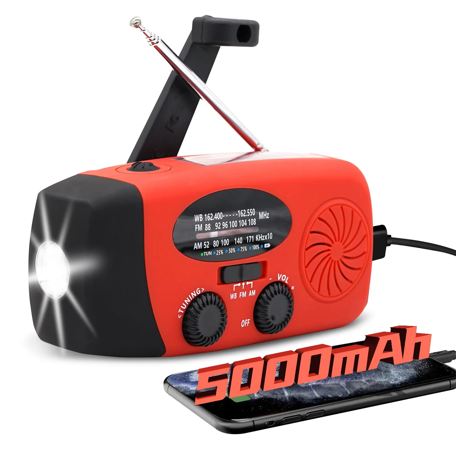 18500mWh/5000mAh Emergency Crank Weather Radio, iRonsnow NOAA/FM/AM Solar Radios, Portable Survival Radio with SOS, Earphone Jack, 1W 4 Modes LED Flashlight, Cell Phone Charger for Camping Hiking 5000mAh Red - Image 9