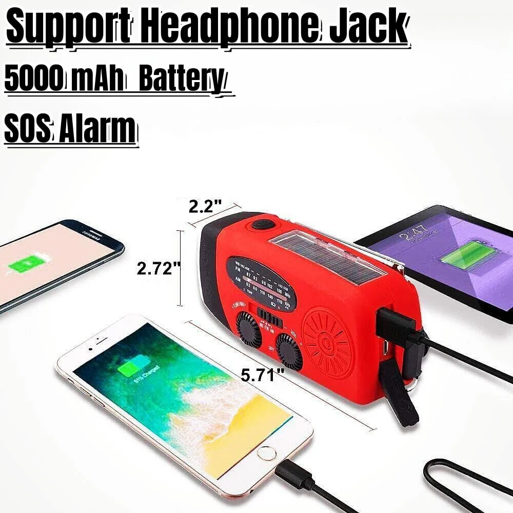 18500mWh/5000mAh Hand Crank Emergency Weather Radio, AM FM NOAA Solar Radio with Led Flashlight and Earphone Jack, Charger for Smartphone, Self Powered Radios with SOS Alarm - Image 3