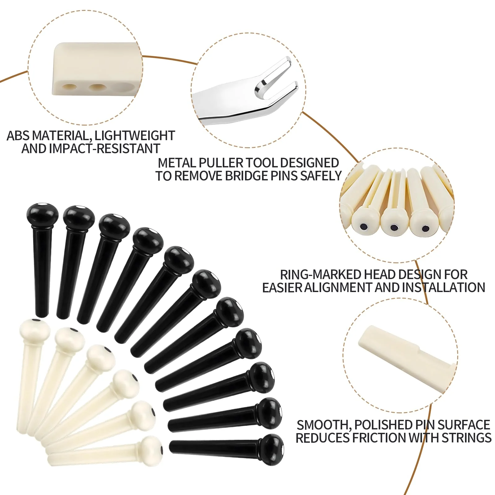 18PCS Acoustic Guitar Bridge Pins with 2 PCS Guitar Bridge Saddle Nut and 1PCS Bridge Pin Puller Remover, Guitar Parts Accessories Replacement Tools (Ivory & Black) 18pcs - Image 3