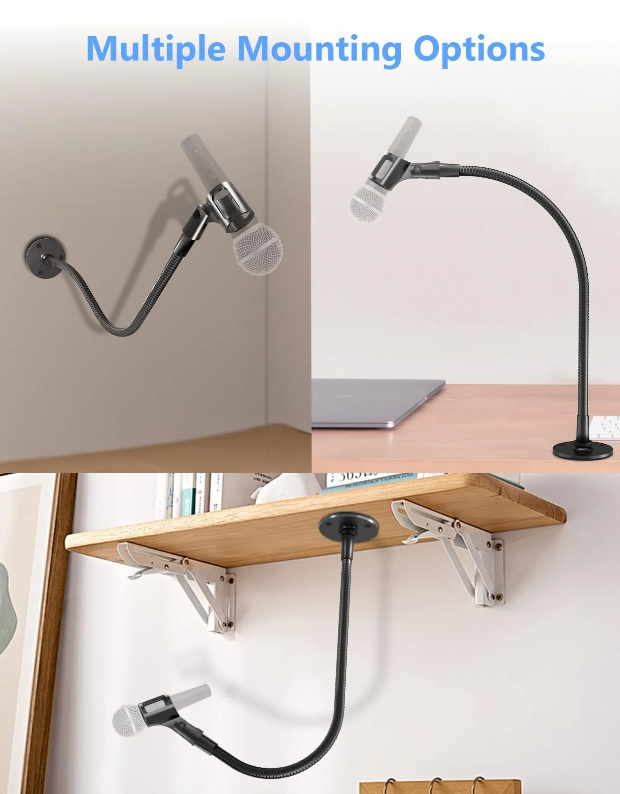 19" Gooseneck Mic Stand with Wall & Desk Flange Mount - Heavy-Duty Adjustable Microphone Arm, Universal Mic Holder & Cable Ties, 5/8 to 3/8 Adapter, Ideal for Podium, Podcasting Studio and Streaming 19-inch + Flange Mount - Image 2
